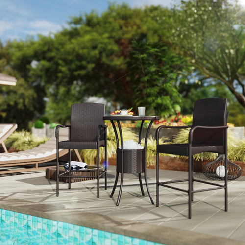 3 Pieces Patio Bar Set, Rattan Bistro Table and Chairs, Outdoor Conversation Furniture Set with Ice Bucket, Dark Brown