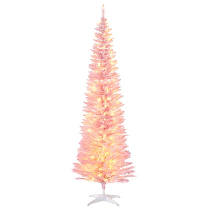 7' Pre Lit Artificial Pencil Christmas Trees, Xmas Tree with Realistic Branches and Warm White LED Lights, Pink Pencil Christmas Trees   at Gallery Canada