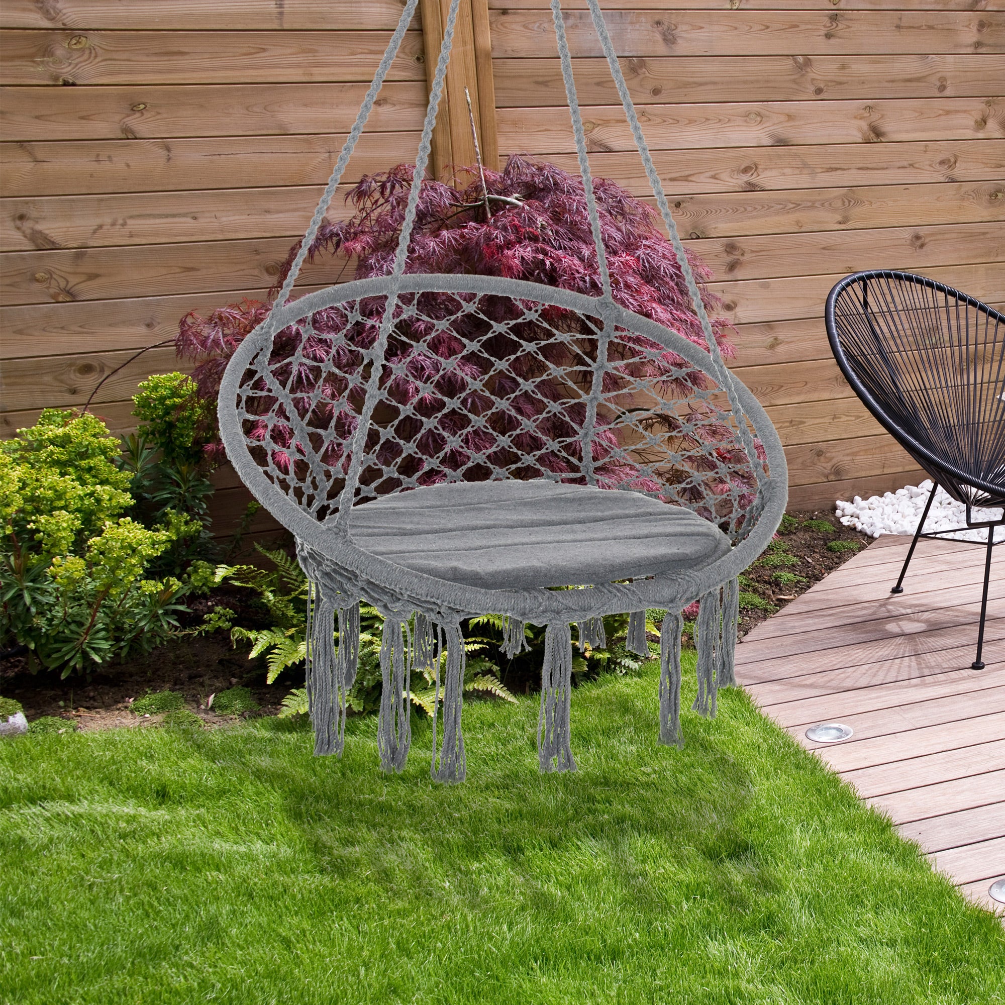 Patio Hammock Chair, Hanging Rope Hammock Swing for Indoor &; Outdoor Use with Backrest, Cotton-Polyester Blend, Fringe Tassels, Dark Grey Hammock Swings at Gallery Canada