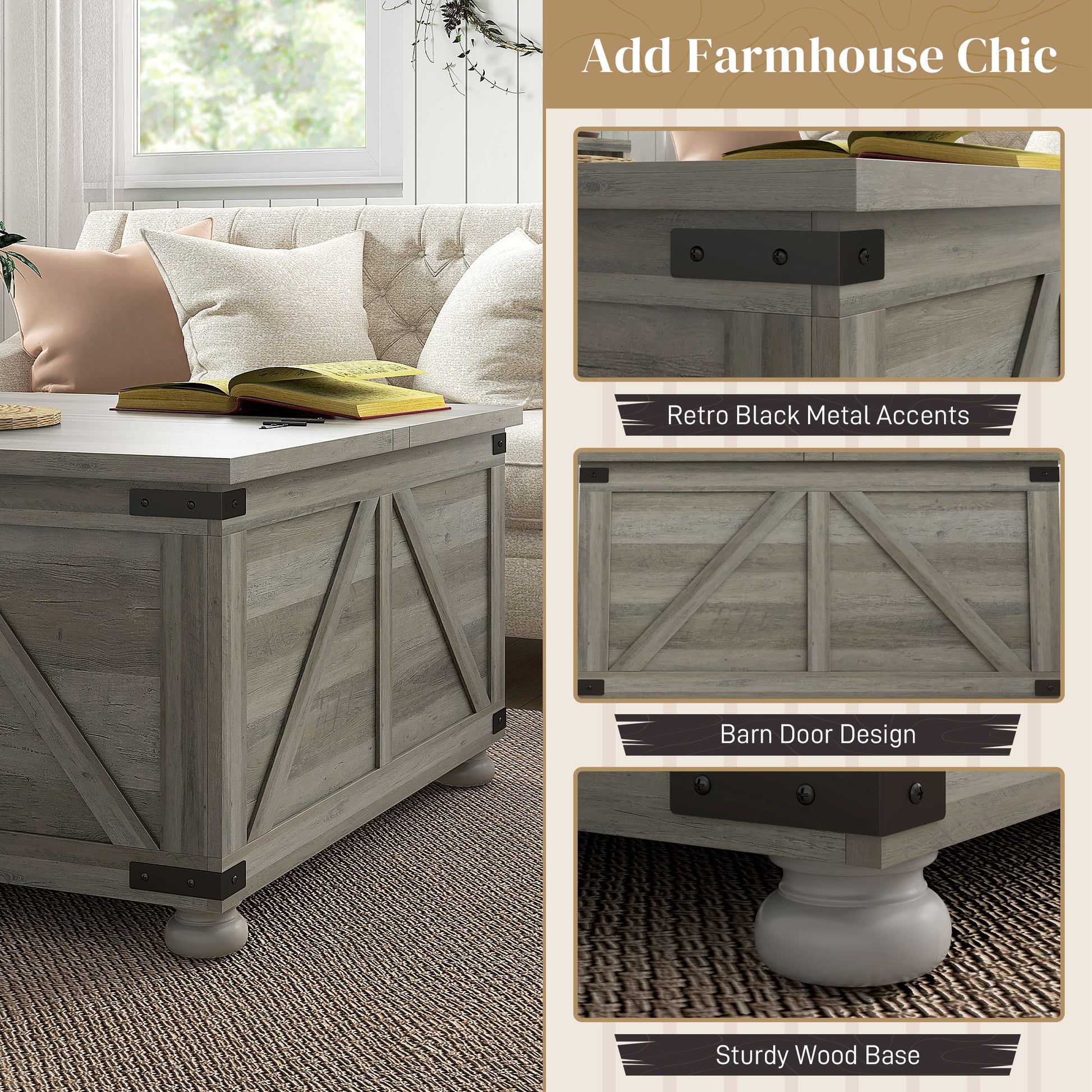 Farmhouse Coffee Table, Square Center Table with Flip-top Lids, Hidden Storage Compartment and Wooden Legs, Grey Coffee Tables   at Gallery Canada