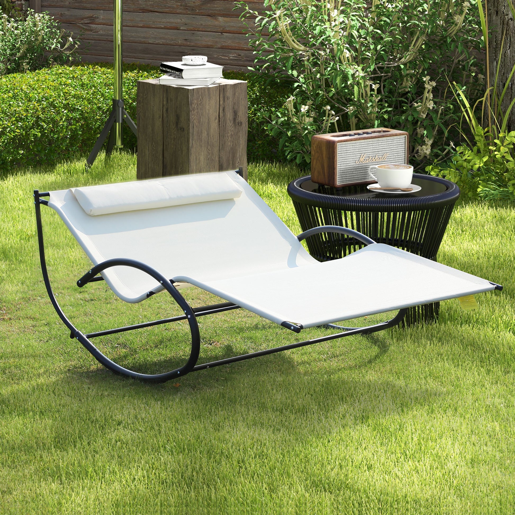 Double Chaise Lounger Garden Rocker Sun Bed Outdoor Hammock Chair Texteline with Pillow Cream White Lounger Chairs Cream  at Gallery Canada