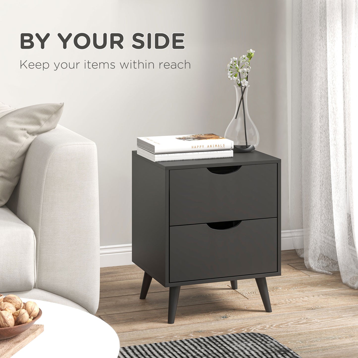 Modern Bedside Table, Nightstand with 2 Drawers and Pine Wood Legs for Bedroom, Living Room, Black Bedside Tables   at Gallery Canada