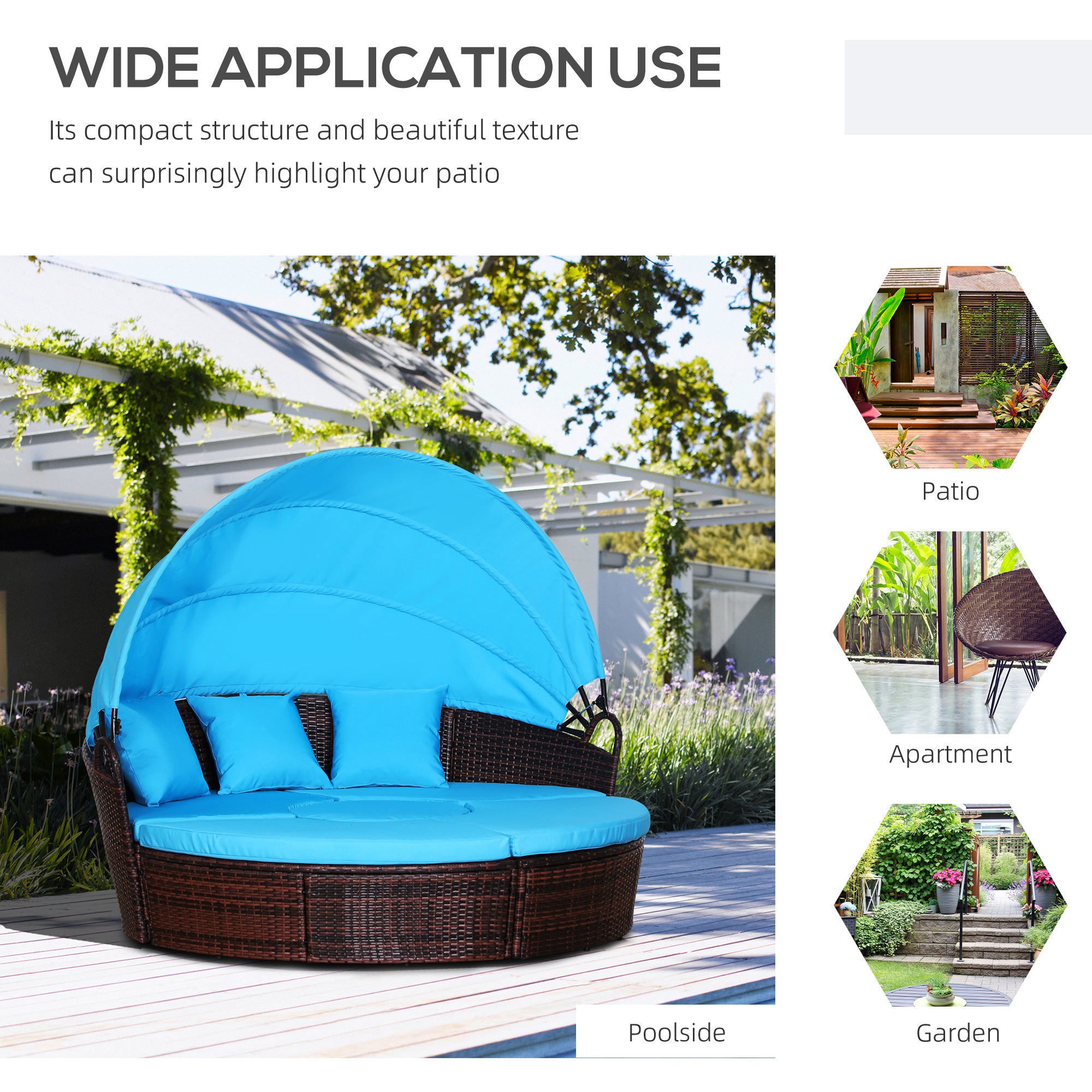 Outdoor Daybed with Retractable Canopy, PE Rattan Wicker Sofa Set, Light Blue Daybeds   at Gallery Canada