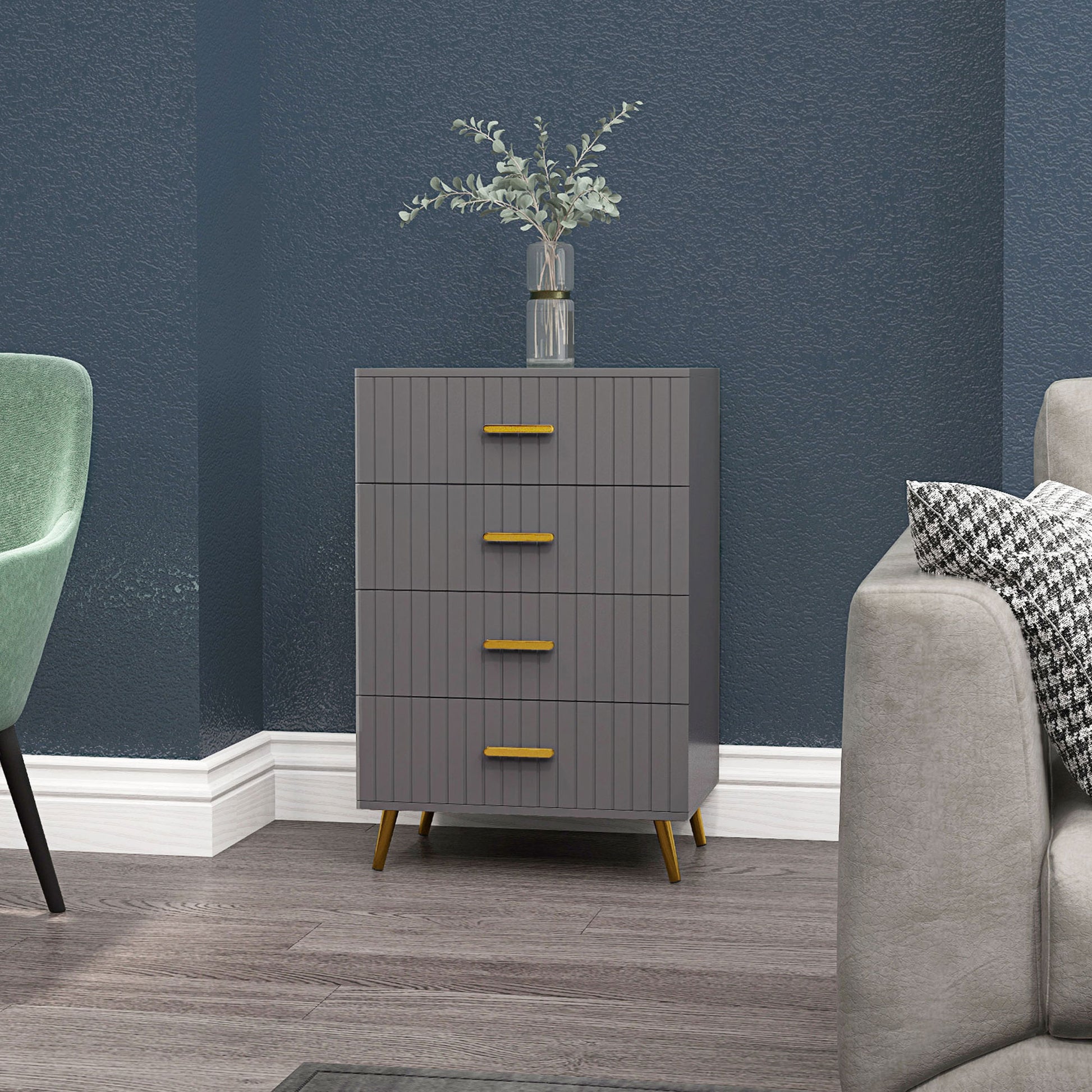 4 Drawer Cabinet, Drawer Chest for Bedroom, Chest of Drawers with Aluminium Legs and Gold Handles, Dark Grey Storage Cabinets   at Gallery Canada