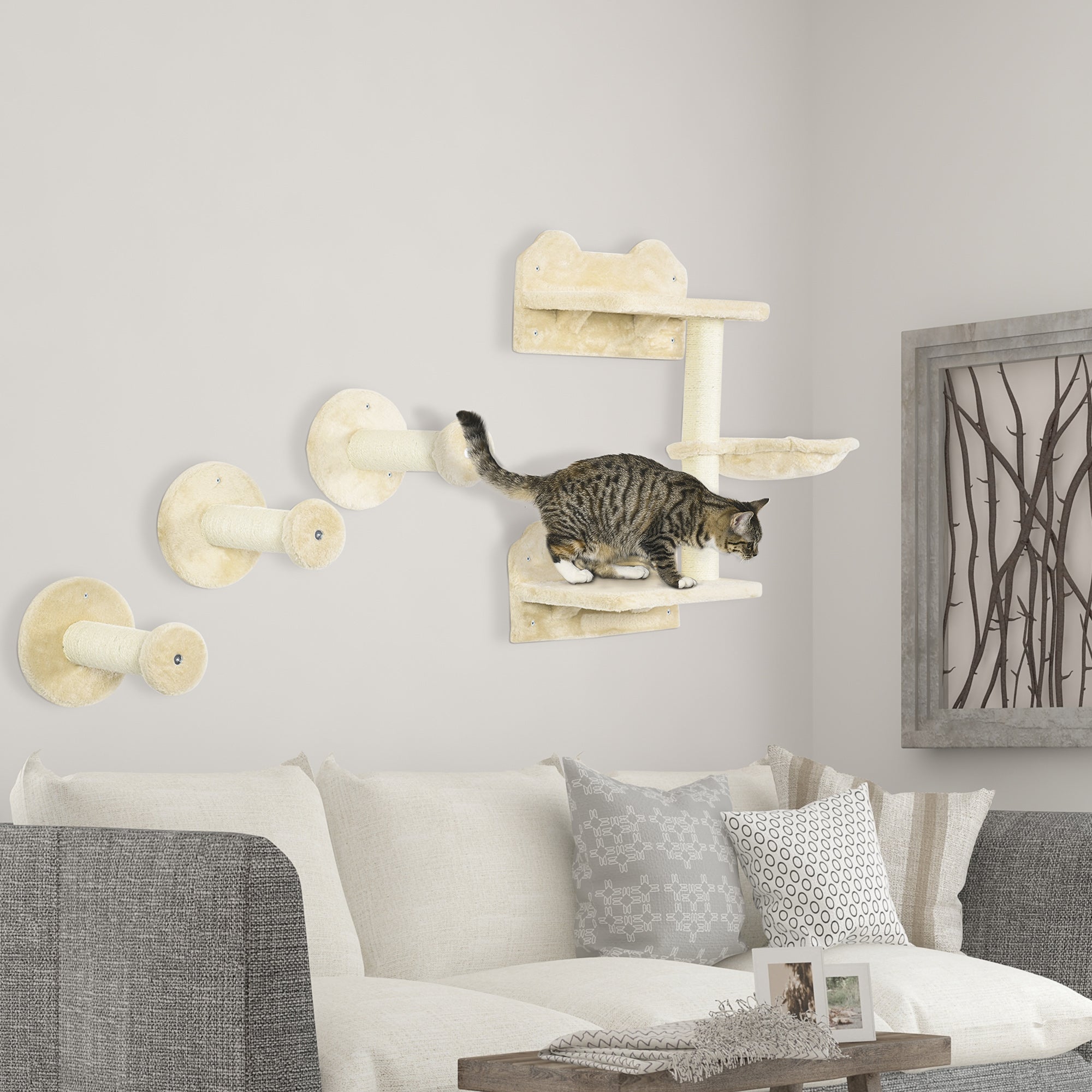 4Pcs Cat Wall Shelf with Scratching Posts, Hammock, Steps, Platforms, Cat Shelves for Relaxing, Sleeping, Jumping, Cat Wall Climber for Indoor Cats, Beige Cat Climbing Wall at Gallery Canada