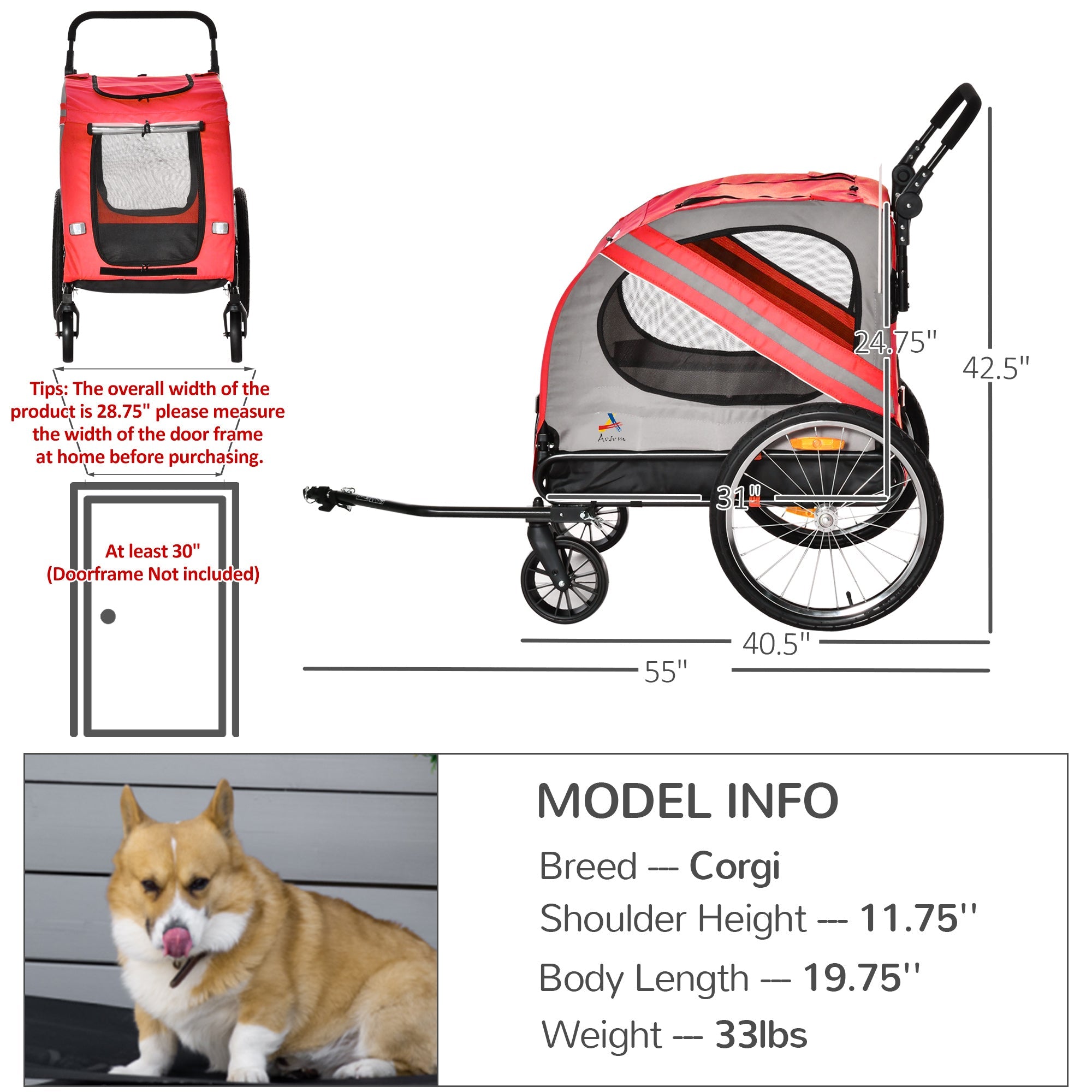 Dog Bike Trailer, 2-in-1 Dog Wagon Pet Stroller for Travel with Universal Wheel Reflectors Flag, for Small and Medium Dogs, Red Dog Bike Trailers & Strollers   at Gallery Canada