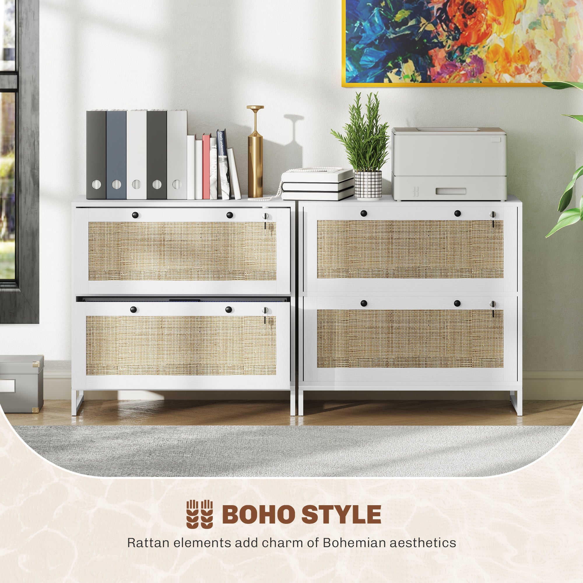 2-Drawer Filing Cabinet with Lock, Rattan File Cabinet with Adjustable Hanging Bar, White Office Cabinets & Cupboards at Gallery Canada