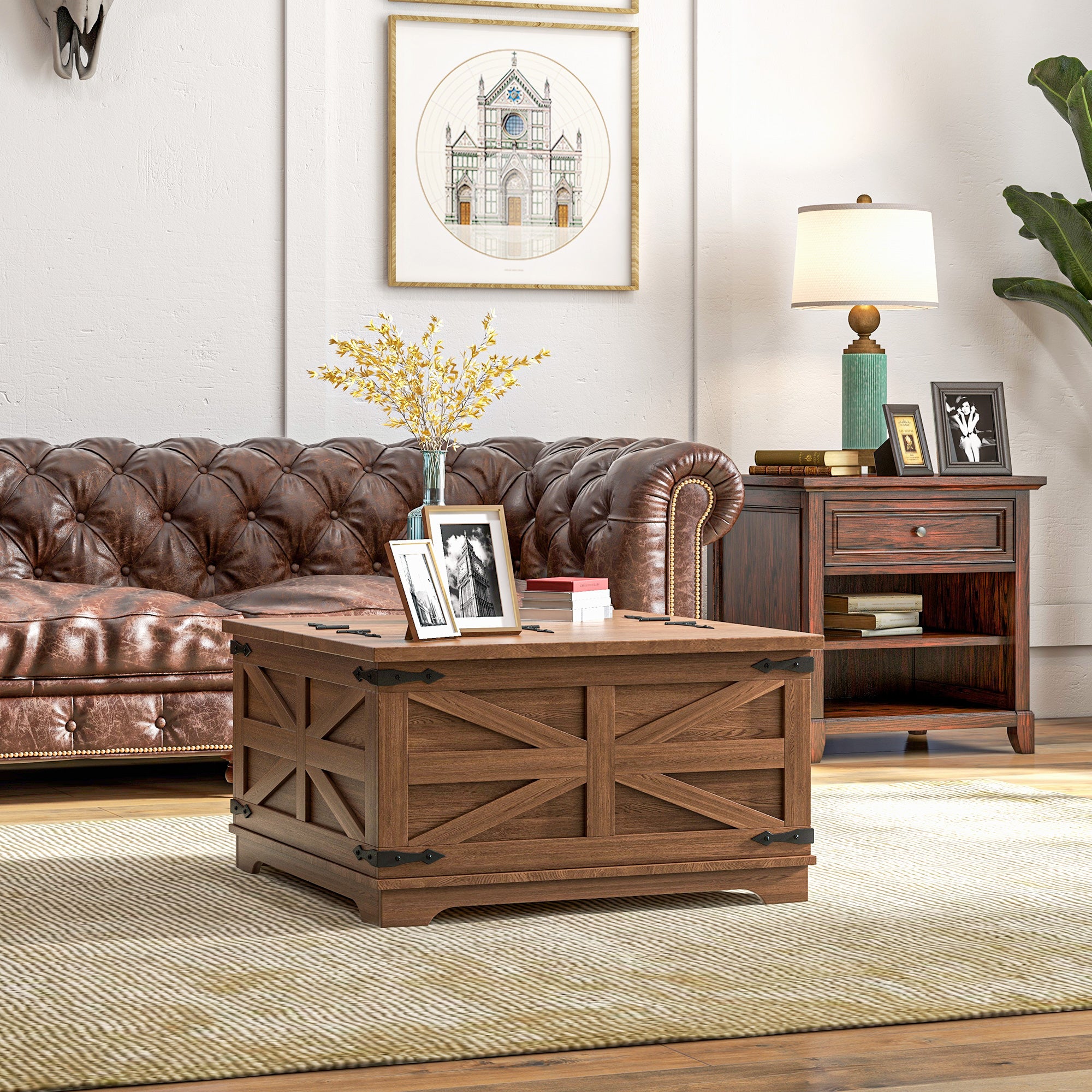 Farmhouse Coffee Table, Square Center Table with Flip-top Lids, Hidden Storage Compartment, Brown Coffee Tables at Gallery Canada