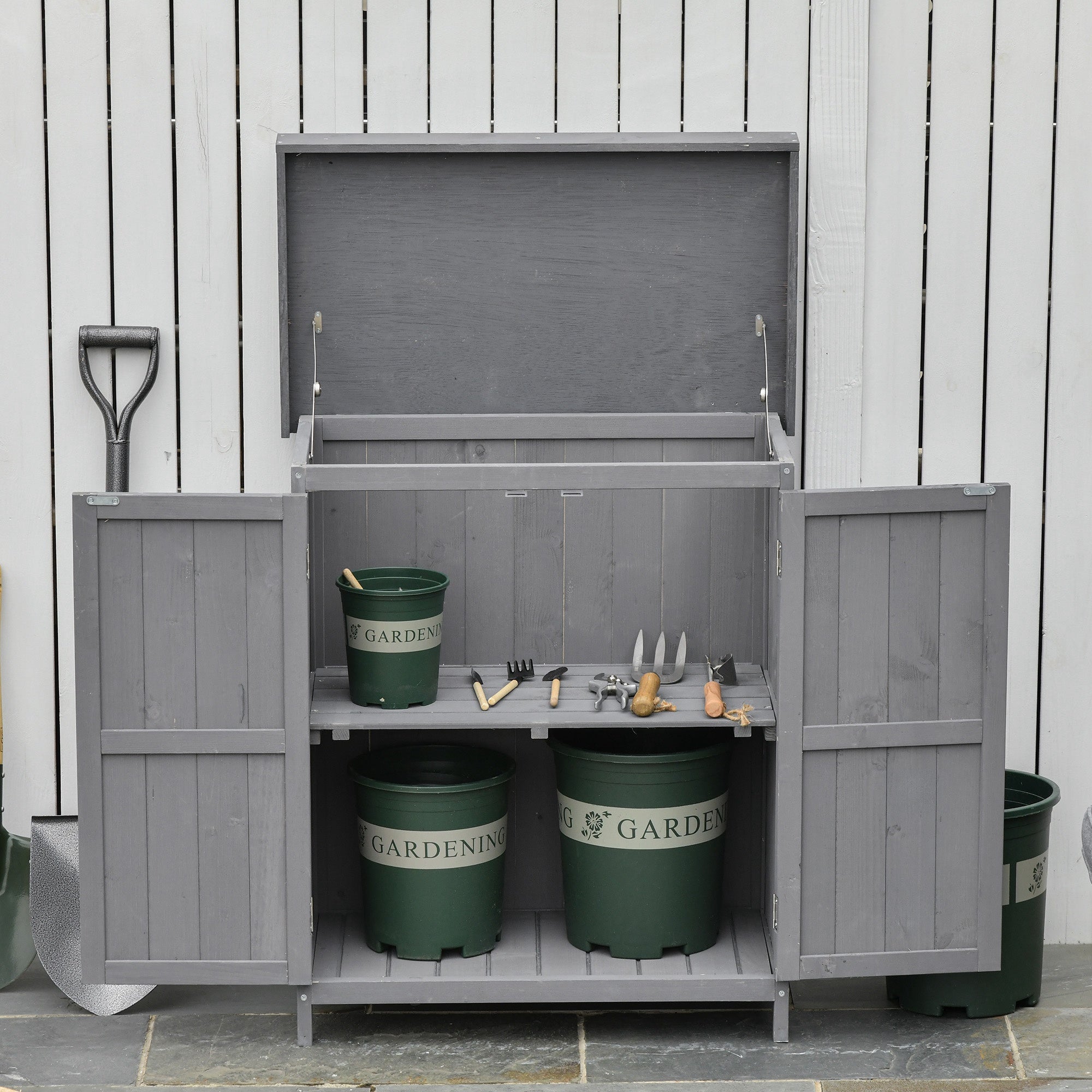 Wooden Garden Tool Storage Shed Kit with Hinged Roof, 2-Tier Shelves and Double Doors, 74x43x88cm, Dark Grey Sheds at Gallery Canada