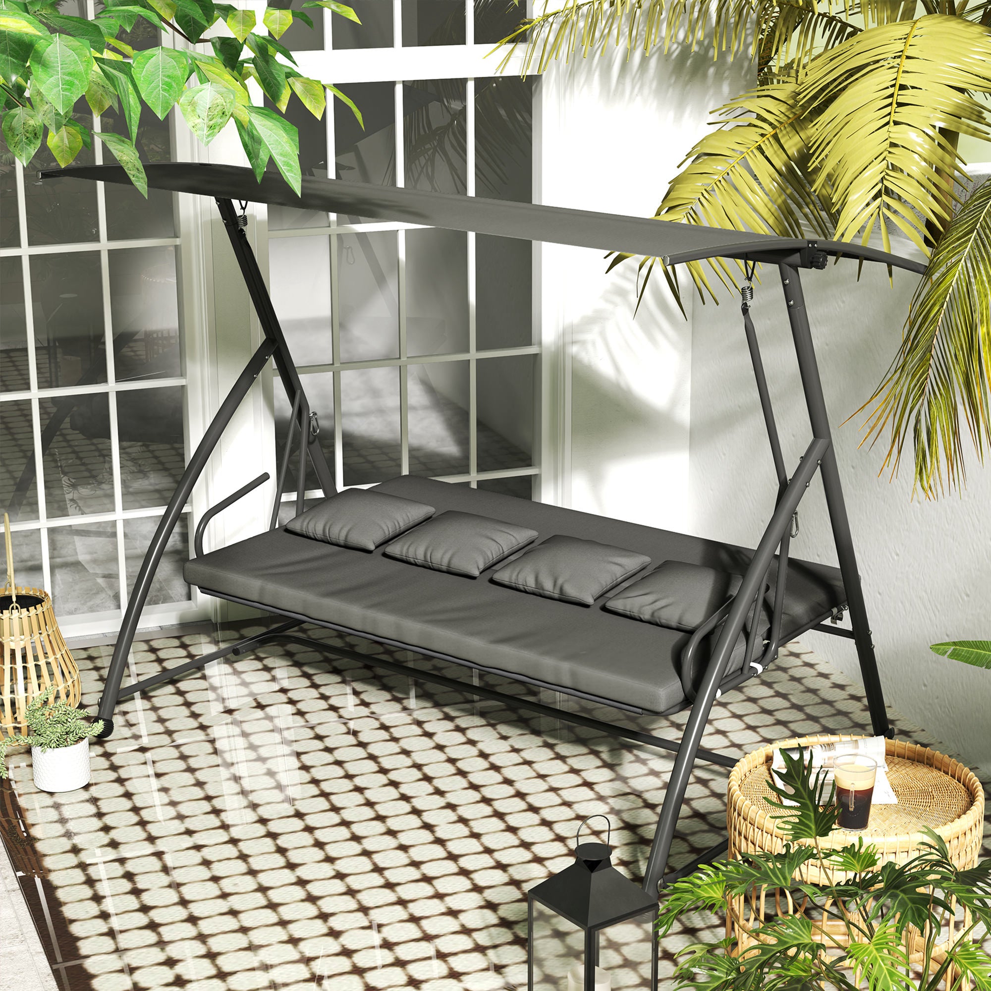 Patio Swing Chair, 3 Person Convertible Hammock, Outdoor Swing Lounge Bed, Cushioned with Tilt Canopy, Dark Grey Porch Swings with Canopy at Gallery Canada