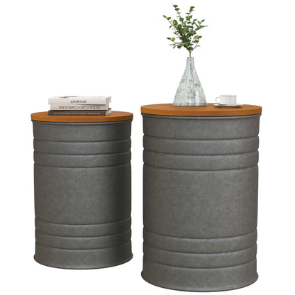 Round Side Table Set of 2, Nesting Coffee Tables w/ Wooden Lid, Galvanized Sheet Frame and Hidden Storage Space, Grey Side Tables   at Gallery Canada