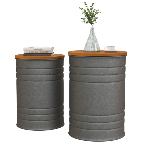 Round Side Table Set of 2, Nesting Coffee Tables w/ Wooden Lid, Galvanized Sheet Frame and Hidden Storage Space, Grey