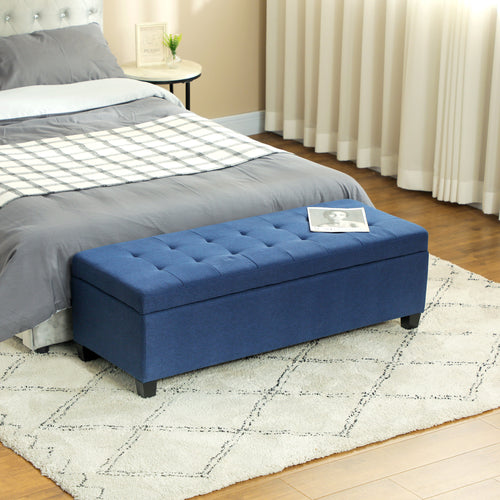 Rectangular Entry Bench, Tufted Upholstered Linen Fabric Wood Feet Storage Ottoman Bench, Blue