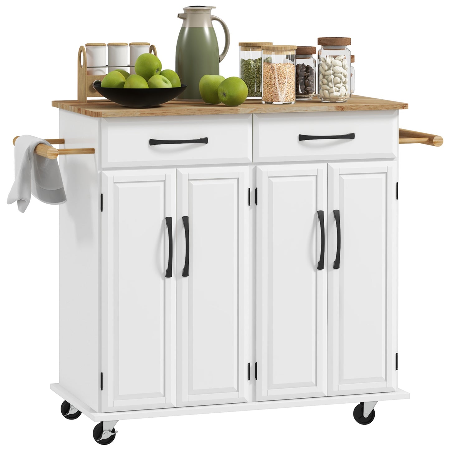 Kitchen Island on Wheels with Rubberwood Top, Rolling Kitchen Cart with 2 Drawers, 4 Doors and Adjustable Shelves Kitchen Islands & Kitchen Carts   at Gallery Canada