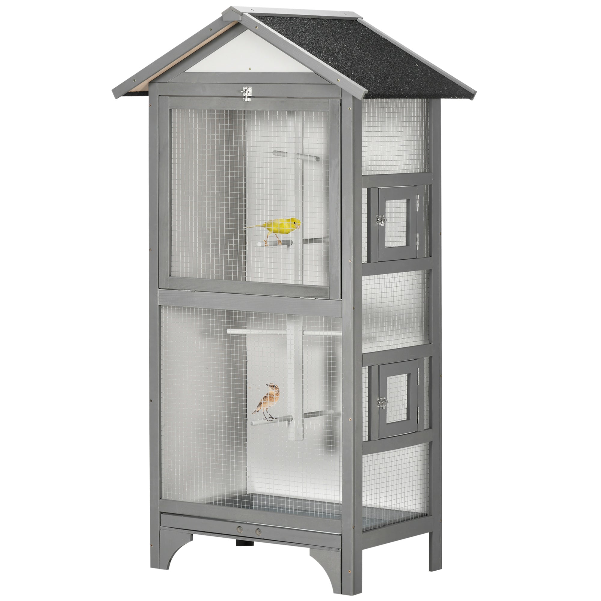 Wooden Bird Aviary Parrot Cage Pet Furniture with Removable Bottom Tray, 2 Doors, Asphalt Roof, 4 Perches, Light Grey Bird Cages   at Gallery Canada