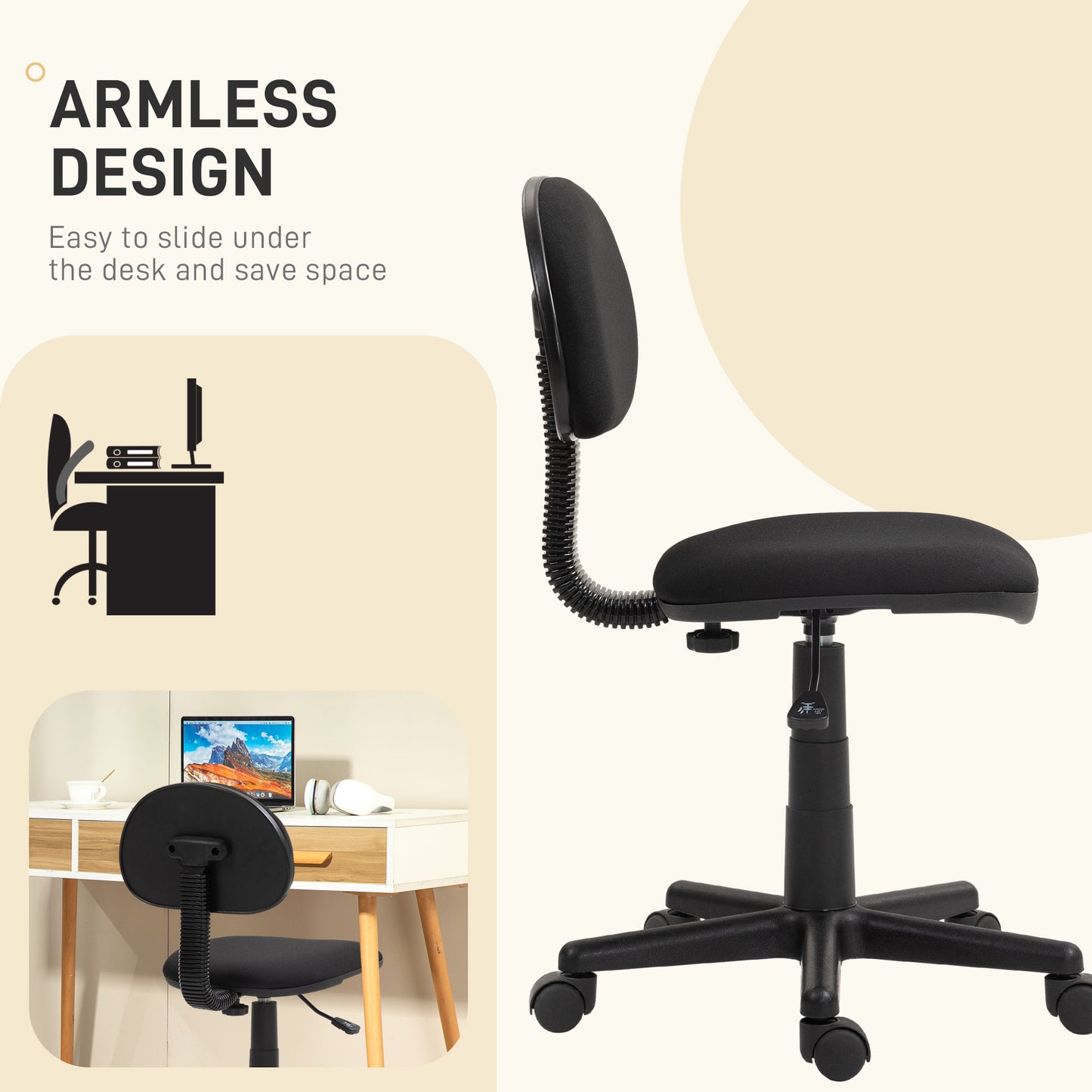 Small Desk Chair, Armless Office Chair with Adjustable Height, 360° Swivel Wheels, Low Back for Small Spaces, Black Task Chairs   at Gallery Canada