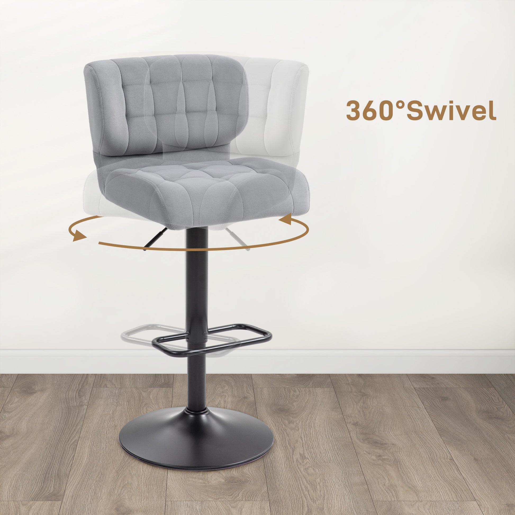 Swivel Velvet-feel Fabric Barstools Set of 2 Adjustable Bar Stools with Footrest for Counter Dining Room Grey Bar Stools   at Gallery Canada