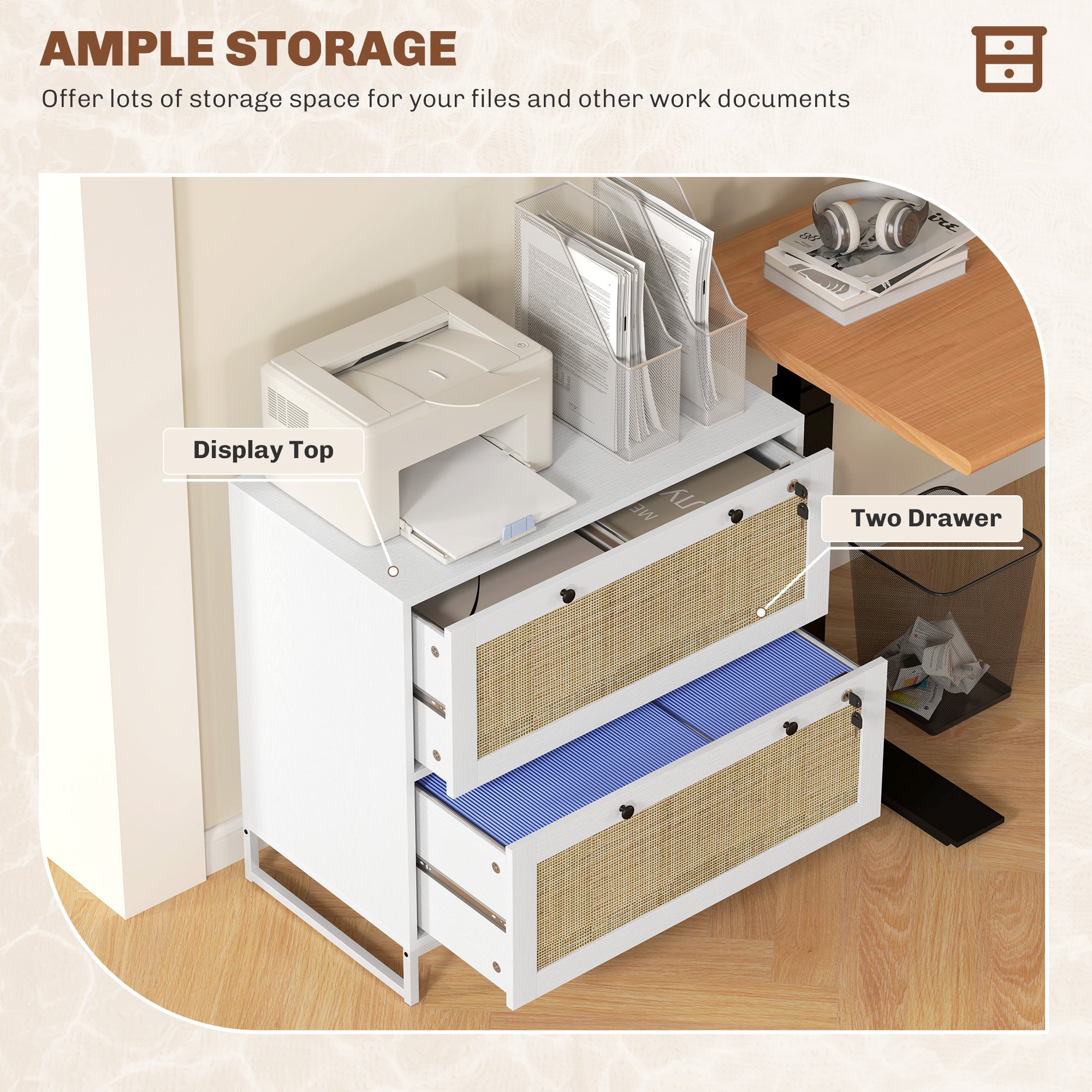 2-Drawer Filing Cabinet with Lock, Rattan File Cabinet with Adjustable Hanging Bar, White Office Cabinets & Cupboards at Gallery Canada