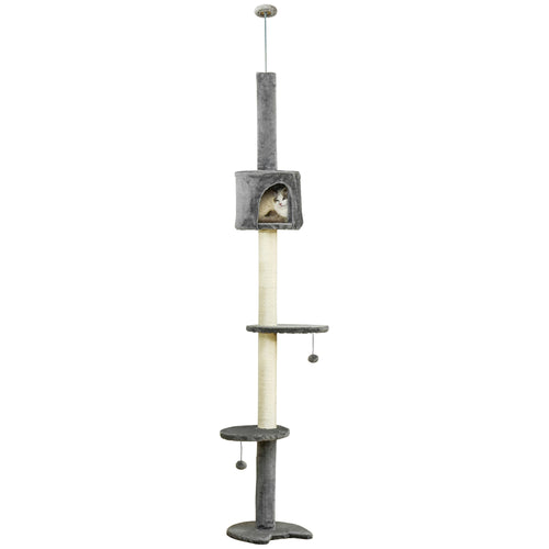 4-Tier Floor to Ceiling Cat Tree, Tall Cat Tower with Scratching Post, Plush Padding, Toy Ball, Cat Condo for Indoor Cats, Light Grey
