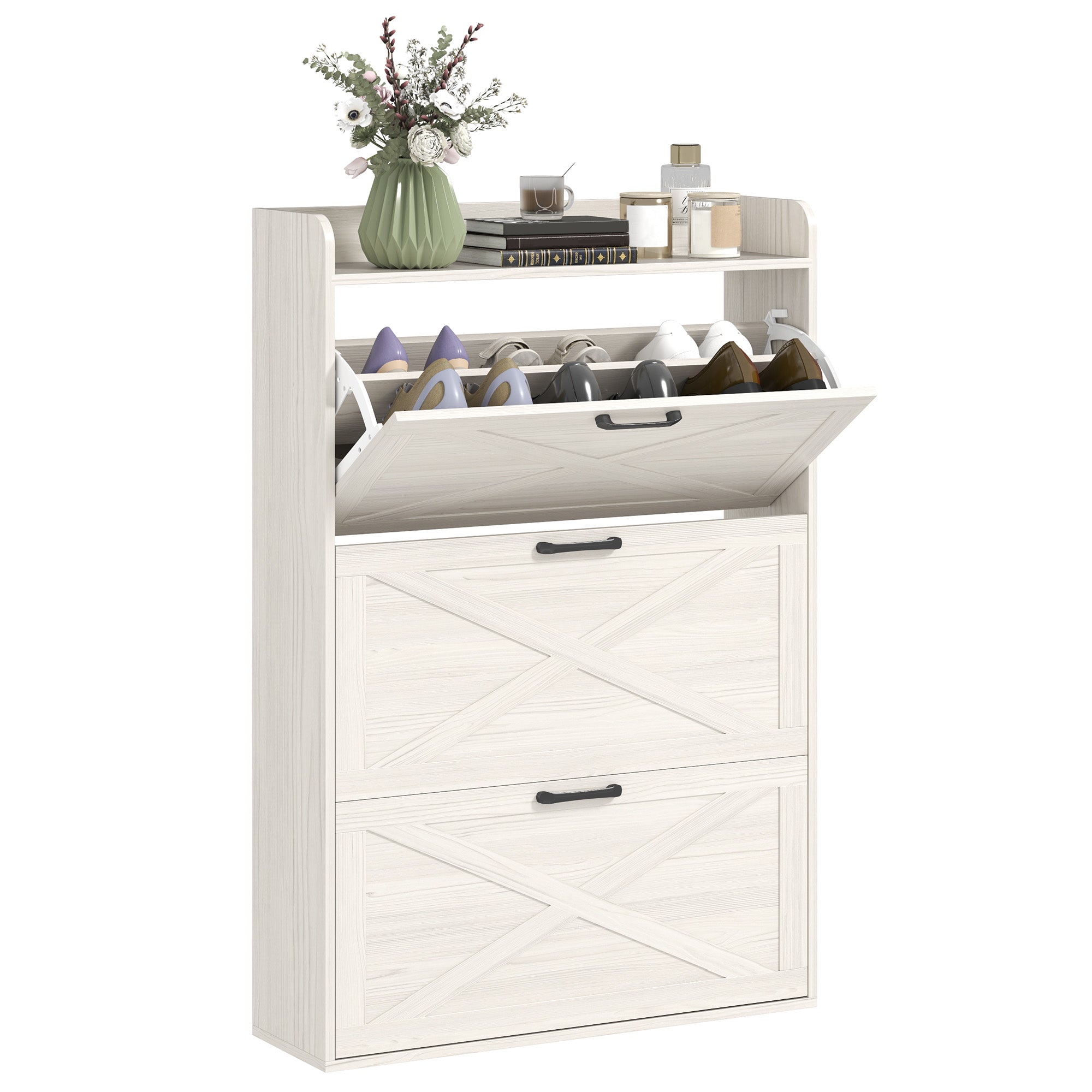 Narrow Shoe Storage Cabinet Farmhouse Shoe Cabinet with 3 Flip Drawers Adjustable Shelves for Entryway White Oak Shoe Storage Cabinets & Racks at Gallery Canada