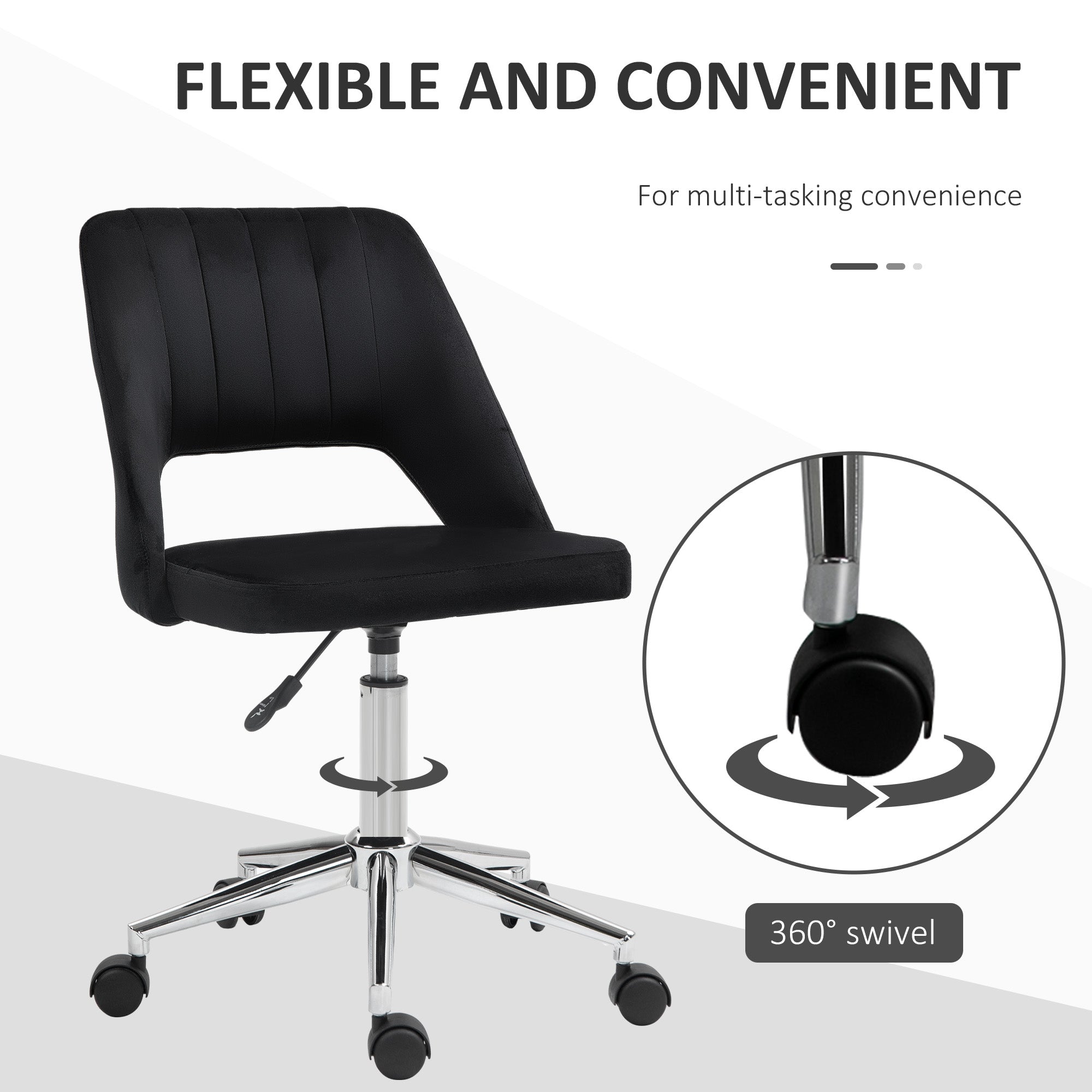 Mid Back Office Chair Velvet Fabric Swivel Scallop Shape Computer Desk Chair, Black Office Chairs at Gallery Canada