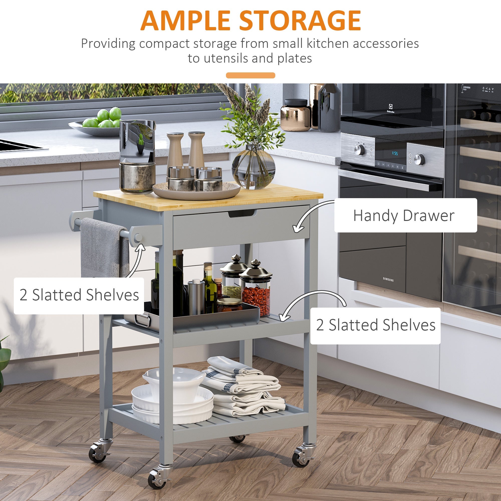 Rolling Kitchen Cart, Utility Storage Cart with Drawer, 2 Slatted Shelves and Towel Rack for Dining Room, Grey Kitchen Islands & Kitchen Carts   at Gallery Canada