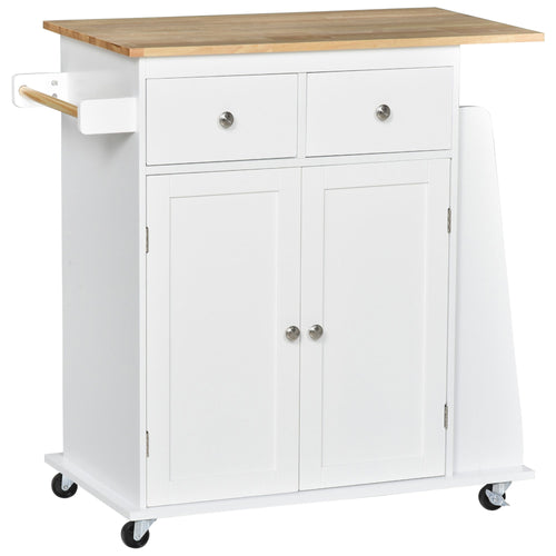 Rolling Kitchen Island Trolley Storage Cart with Rubber Wood Top, 3-Tier Spice Rack, Towel Rack Home Kitchen Carts, White