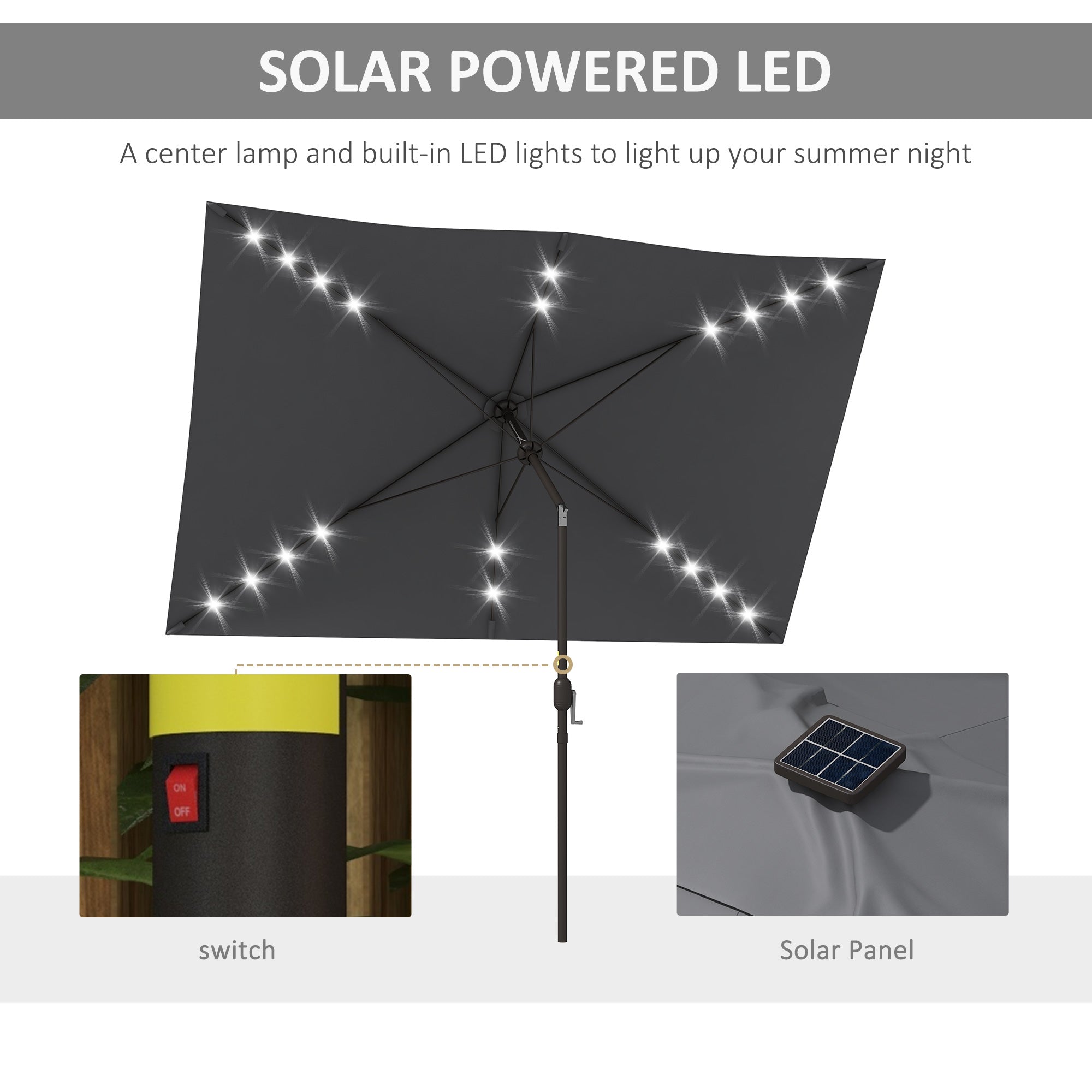 6.5x10ft Patio Umbrella Tilt Aluminum Outdoor Market Parasol with Solar Powered LEDs, Crank - Dark Grey Sun Umbrellas at Gallery Canada