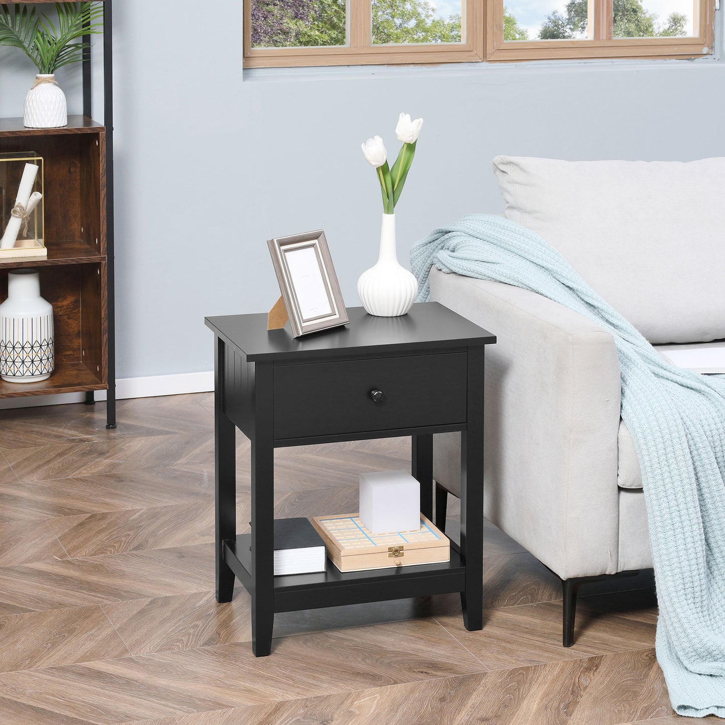 Modern Style Nightstand, Small End Table with Drawer and Storage Shelf for Bedroom, Living Room, Black Side Tables   at Gallery Canada