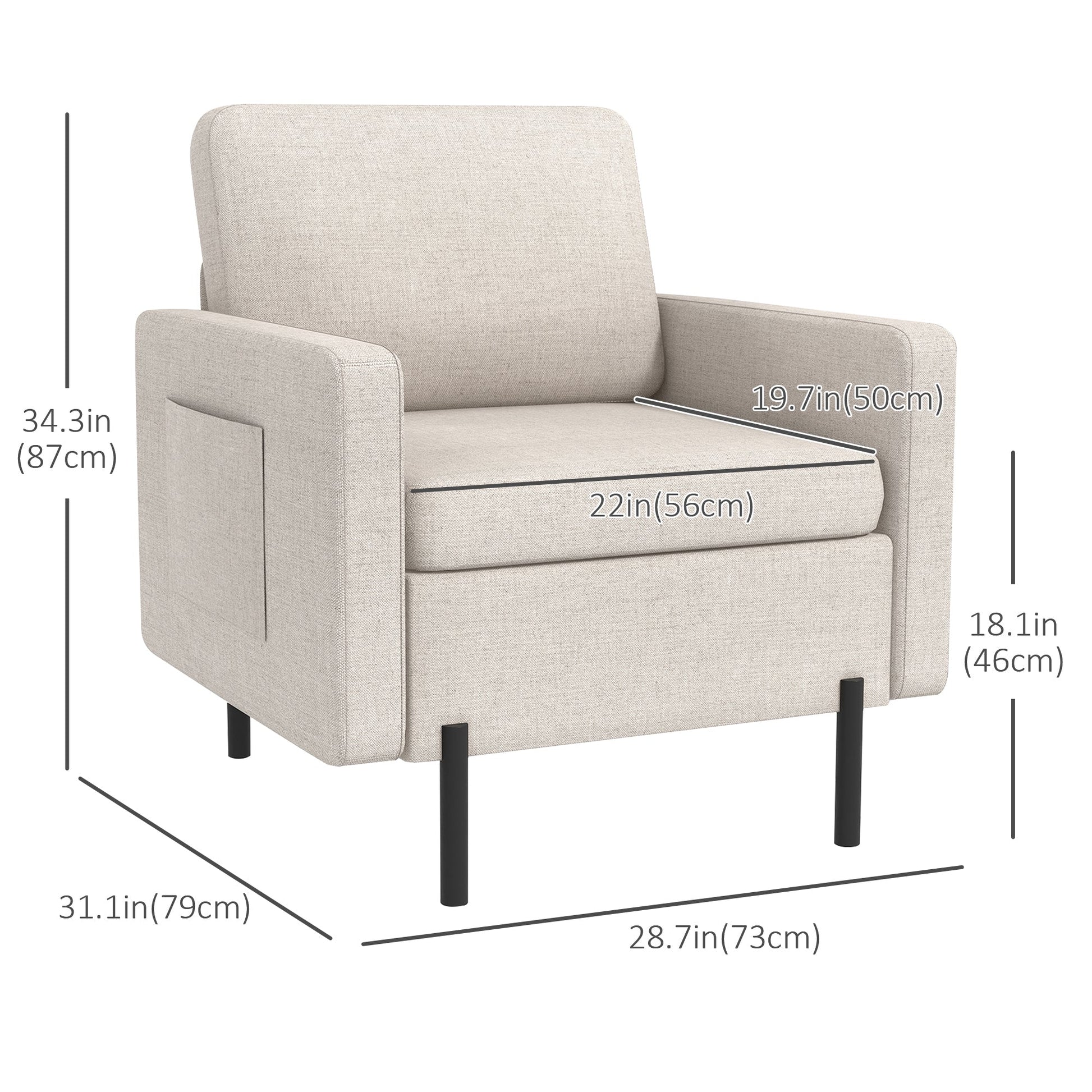 Armchair, Fabric Accent Chair, Modern Living Room Chair with Metal Legs, 2 Side Pockets for Bedroom, Cream Accent Chairs   at Gallery Canada