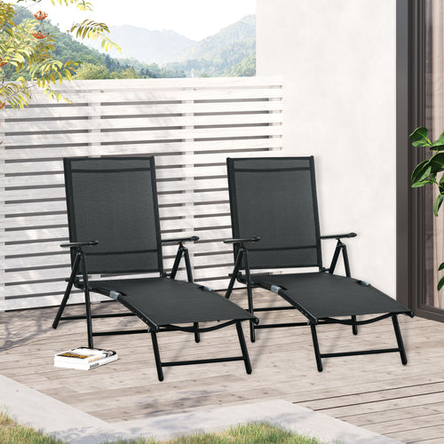 Outdoor Set of 2 Lounge Chair, Folding Reclining Garden Sun Lounger with Metal Frame, Adjustable Backrest for Patio, Deck, and Poolside, Black