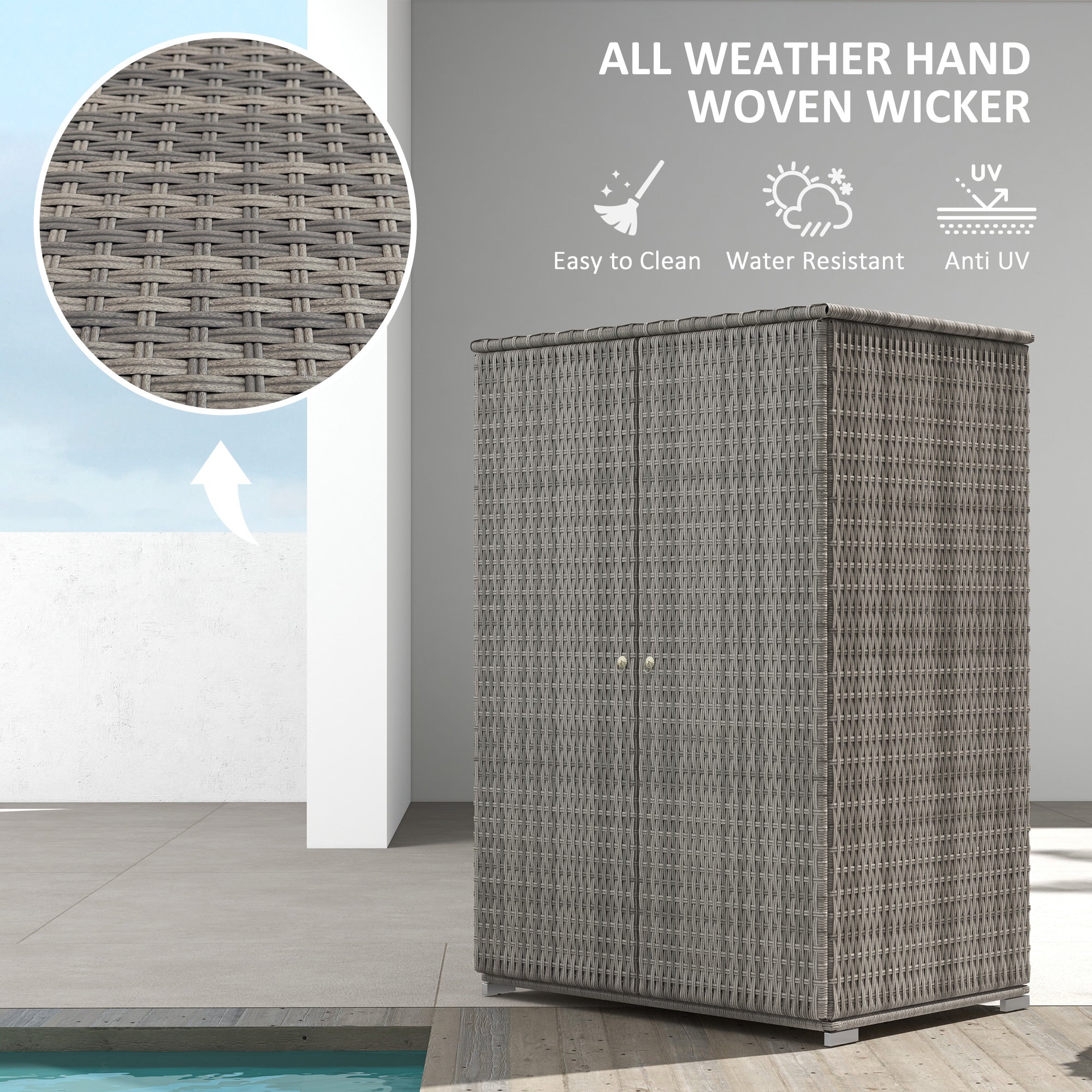 Wicker Outdoor Storage Cabinet, 2-Door Rattan Pool Towel Storage Cabinet with Drawer &; Removable Shelf, Dark Grey Patio Storage Boxes at Gallery Canada