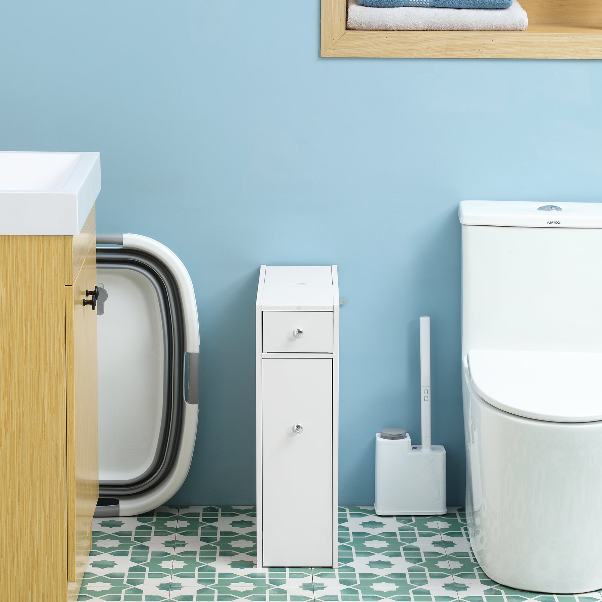 Small Bathroom Storage Cabinet, Space Saving Toilet Paper Cabinet, Narrow Bathroom Cabinet with Drawers and Hidden Storage, White Bathroom Cabinets   at Gallery Canada