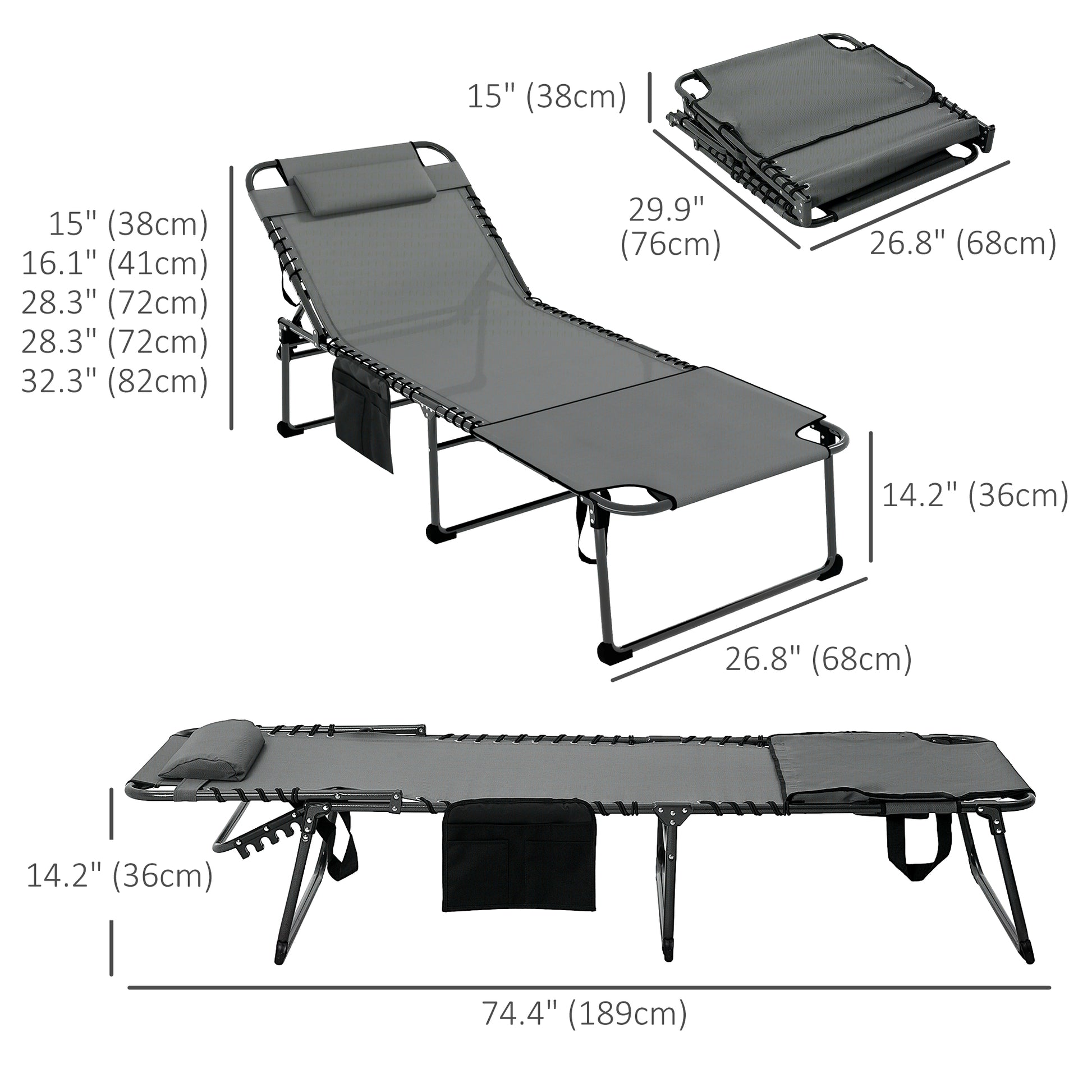 5-Level Reclining Folding Chaise Lounge with Reading Hole and Side Pocket, Grey Lounger Chairs   at Gallery Canada