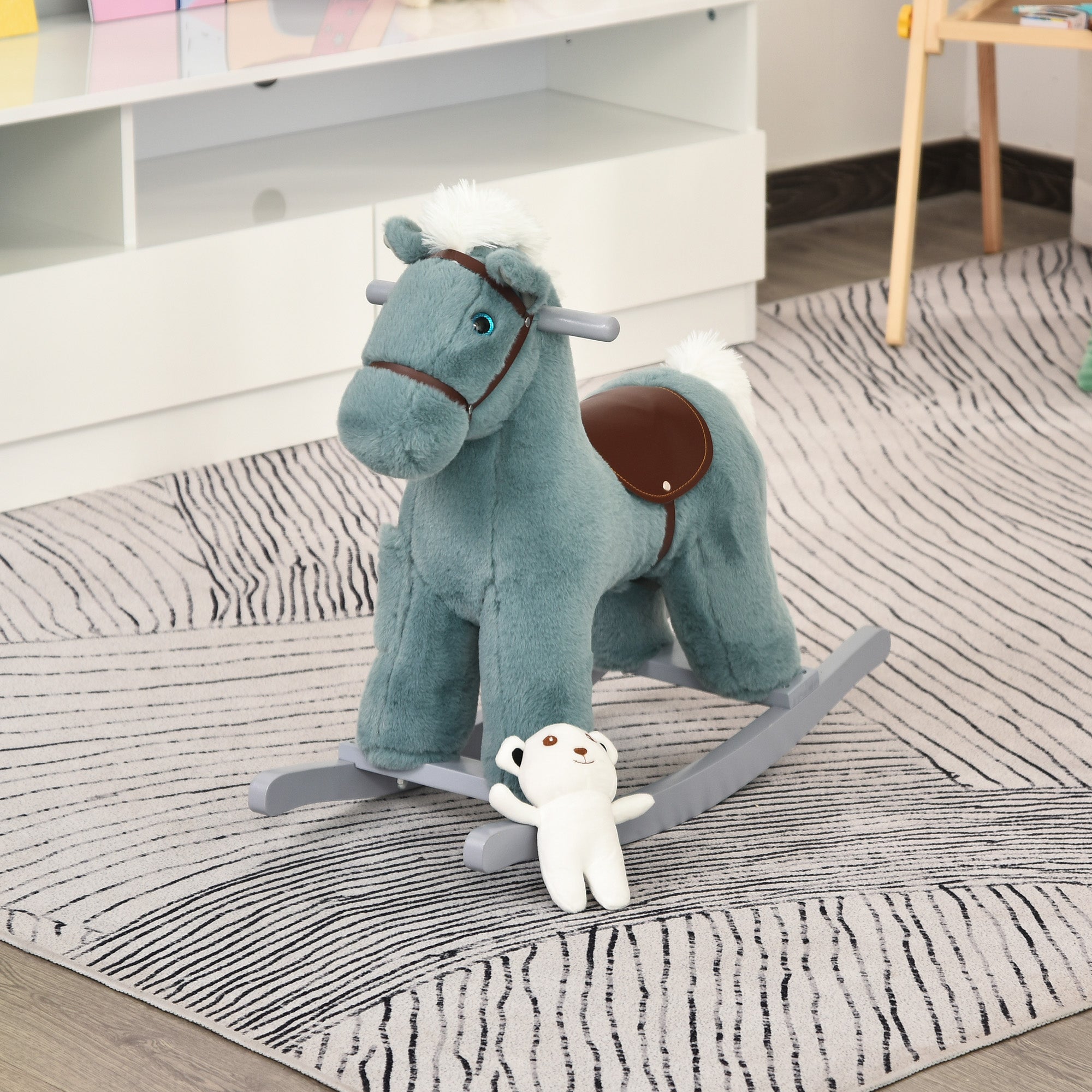 Kids Plush Ride-On Rocking Horse with Bear Toy, Children Chair with Soft Plush Toy &; Fun Realistic Sounds, Blue Rocking Horses at Gallery Canada