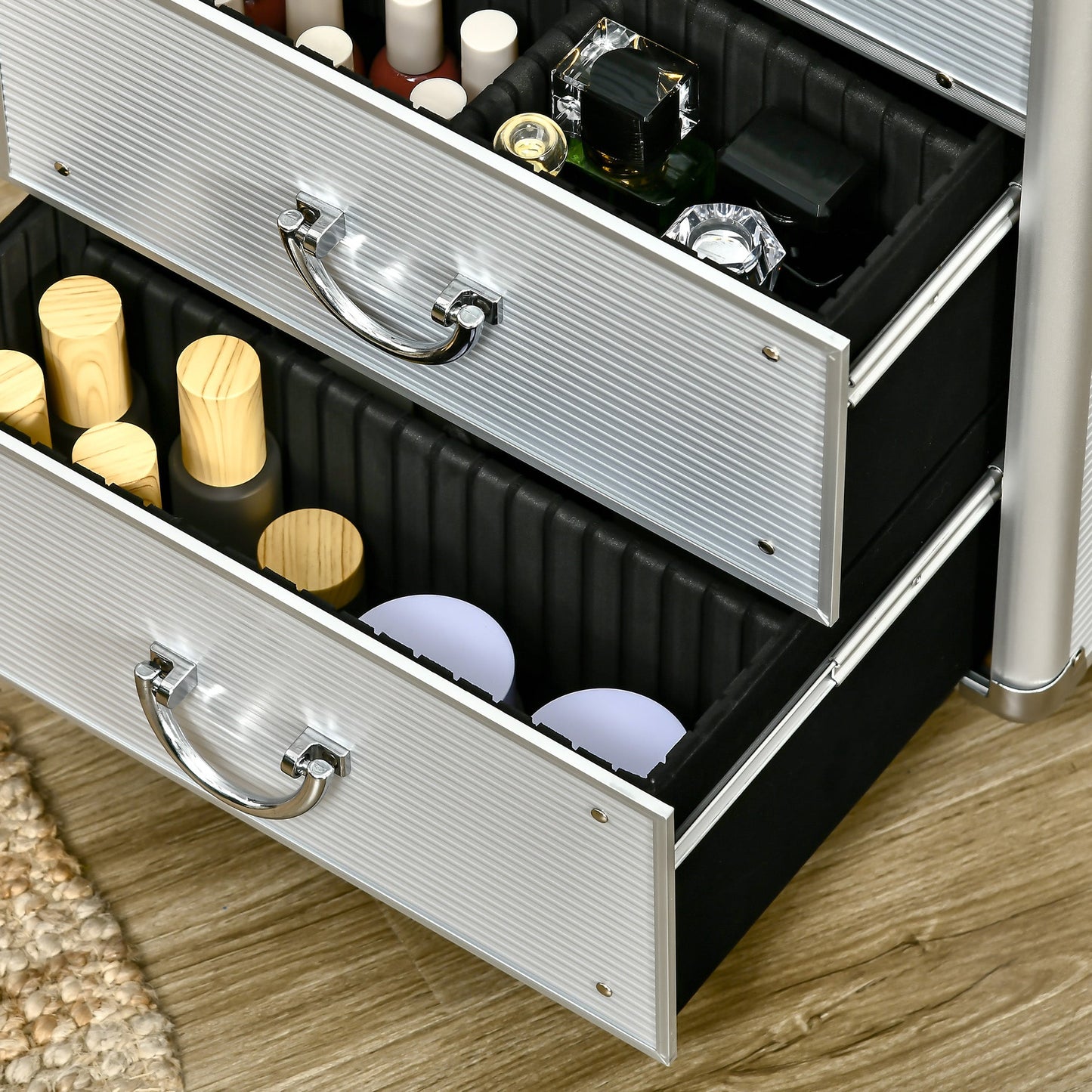 Rolling Makeup Train Case, Large Storage Cosmetic Trolley, Lockable Traveling Cart Trunk with Folding Trays, Swivel Wheels and Keys, Silver Makeup Cases   at Gallery Canada