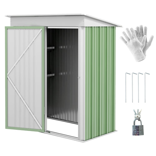 Outdoor Storage Shed, Steel Lean-to Shed with Adjustable Shelf, Lock, Gloves, 5'x3'x6', Green