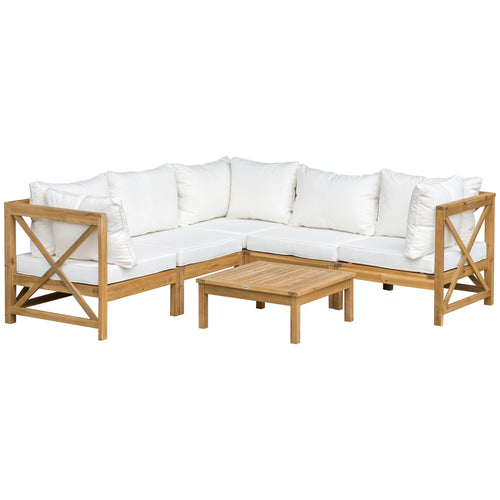 6-Piece Wooden Patio Sofa Sectional Set with 5 Sofas, 1 Coffee Table, 5 Cushions &; 8 Pillows, Cream White