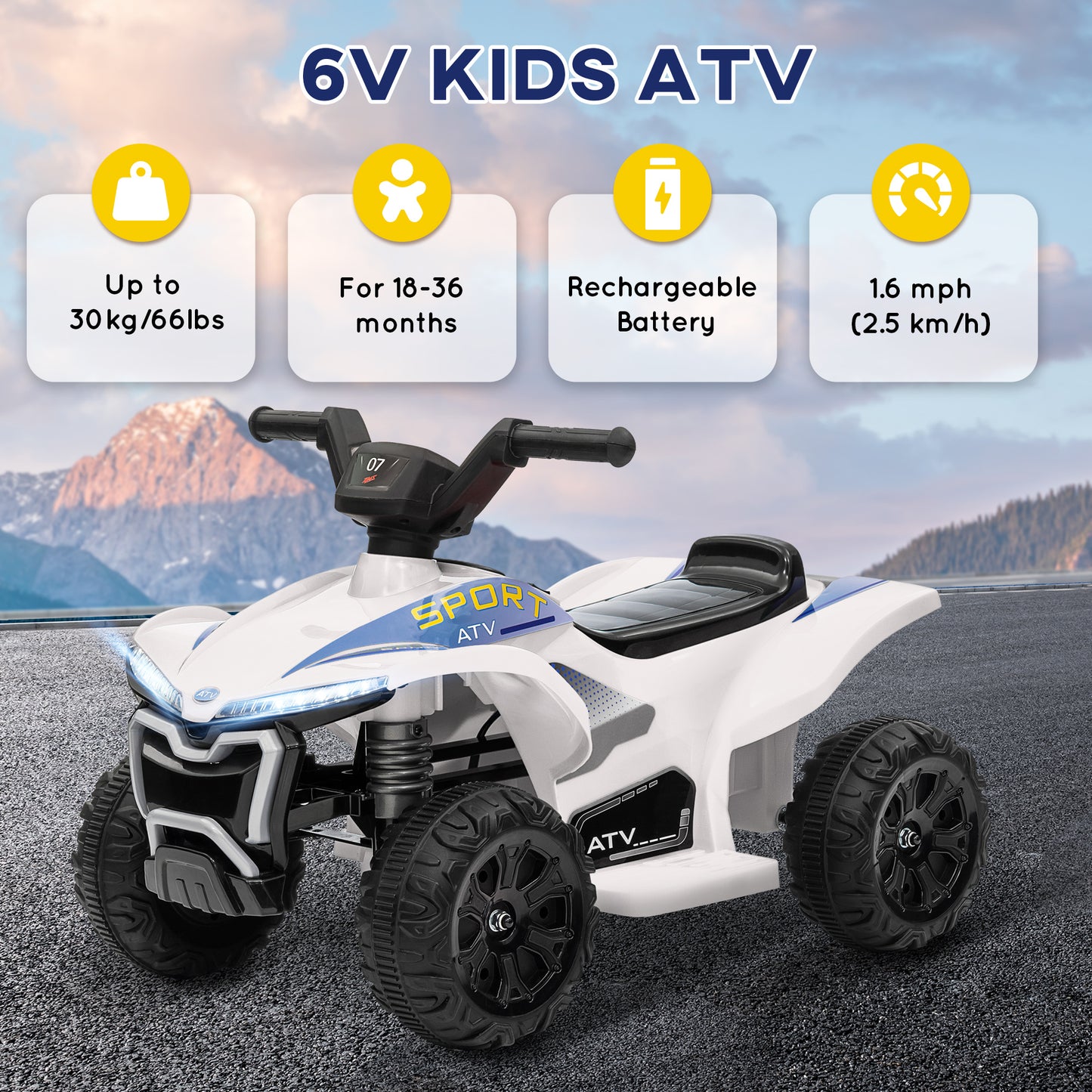 Kids ATV, 6V Battery Powered Electric Vehicle with Headlights, Forward/Reverse Switch for 18-36 Months, White Electric Ride On Toys   at Gallery Canada