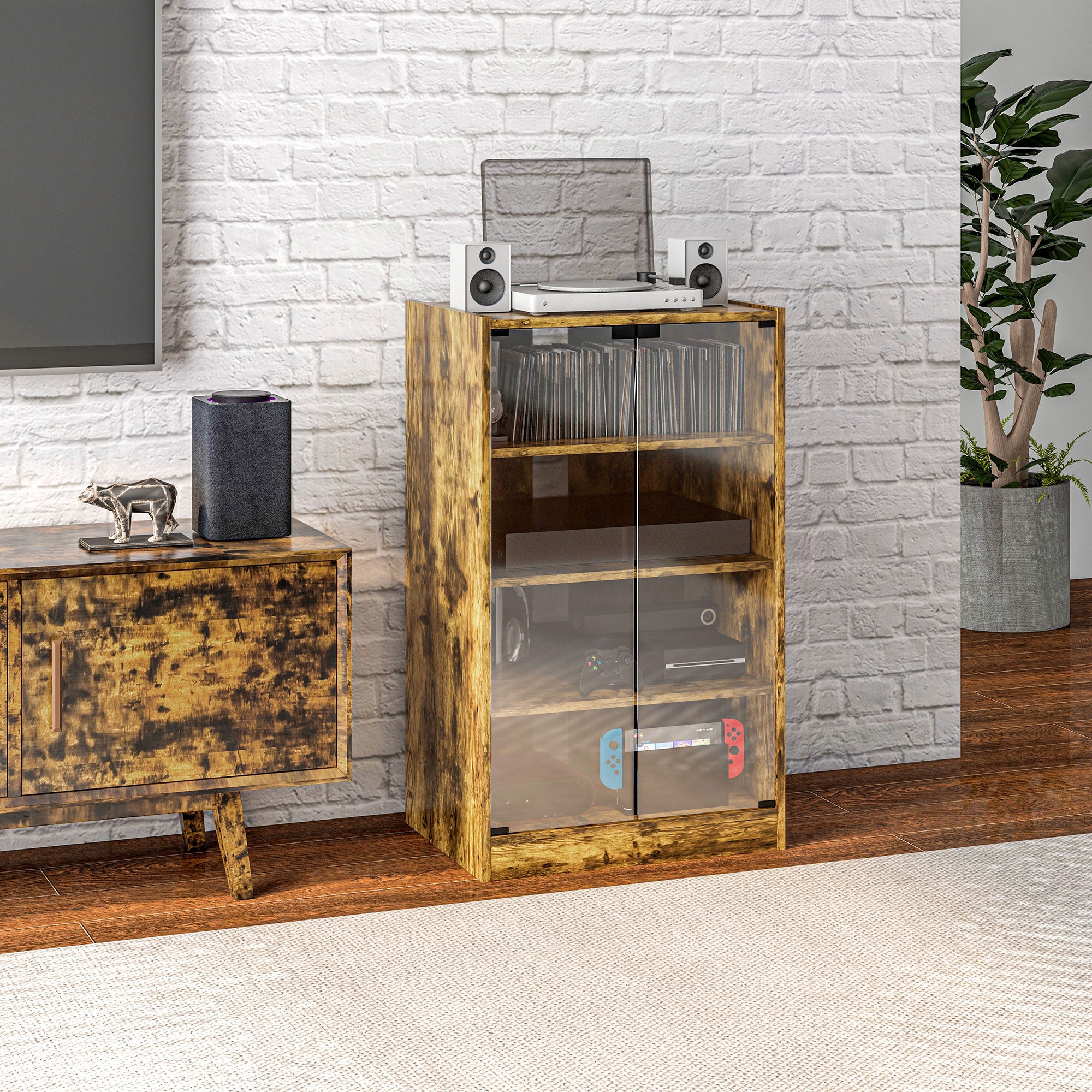 5-Tier Media Cabinet, Media Stand with Adjustable Shelves, Tempered Glass Doors, and Cable Management, Rustic Brown Storage Cabinets Rustic Brown  at Gallery Canada