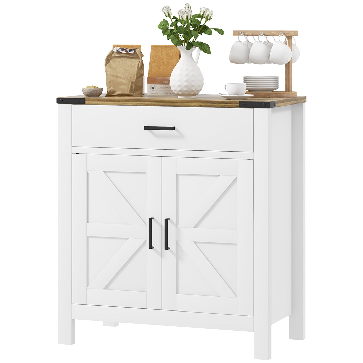 Farmhouse Buffet Cabinet Sideboard with 1 Drawer, 1 Storage Cabinet and Adjustable Shelf, White Bar Cabinets   at Gallery Canada