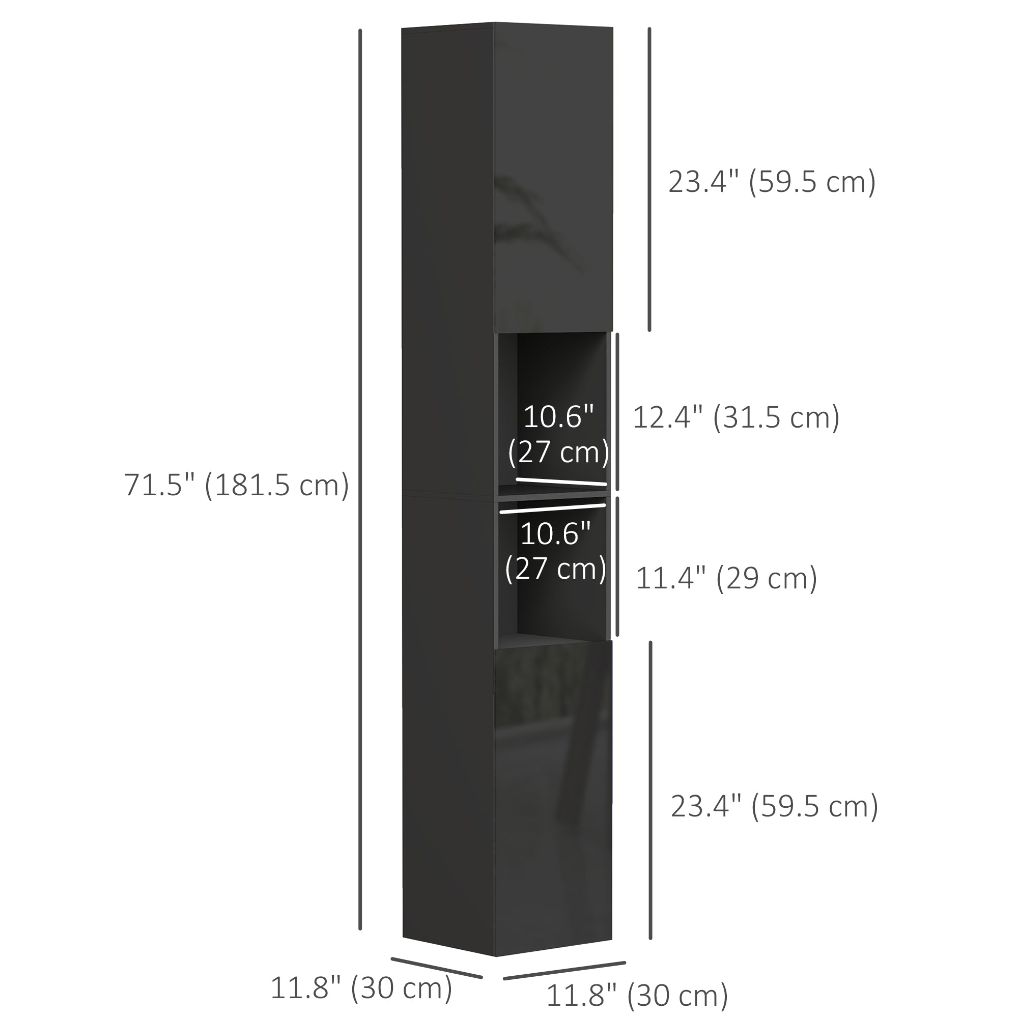 Tall Bathroom Cabinet, High Gloss Storage Cabinet with Doors and Adjustable Shelves, 11.8