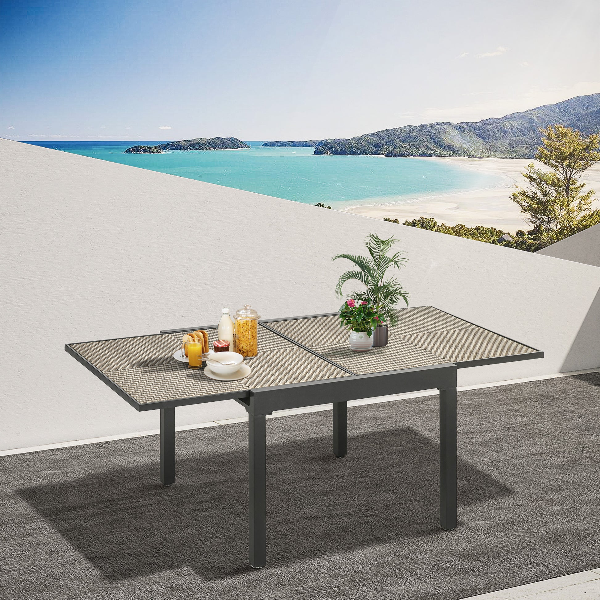 Extendable Rattan Dining Table, Patio Retractable Table, Aluminum Frame, 90/180 x 90 cm, Mixed Brown Patio Dinning Tables   at Gallery Canada