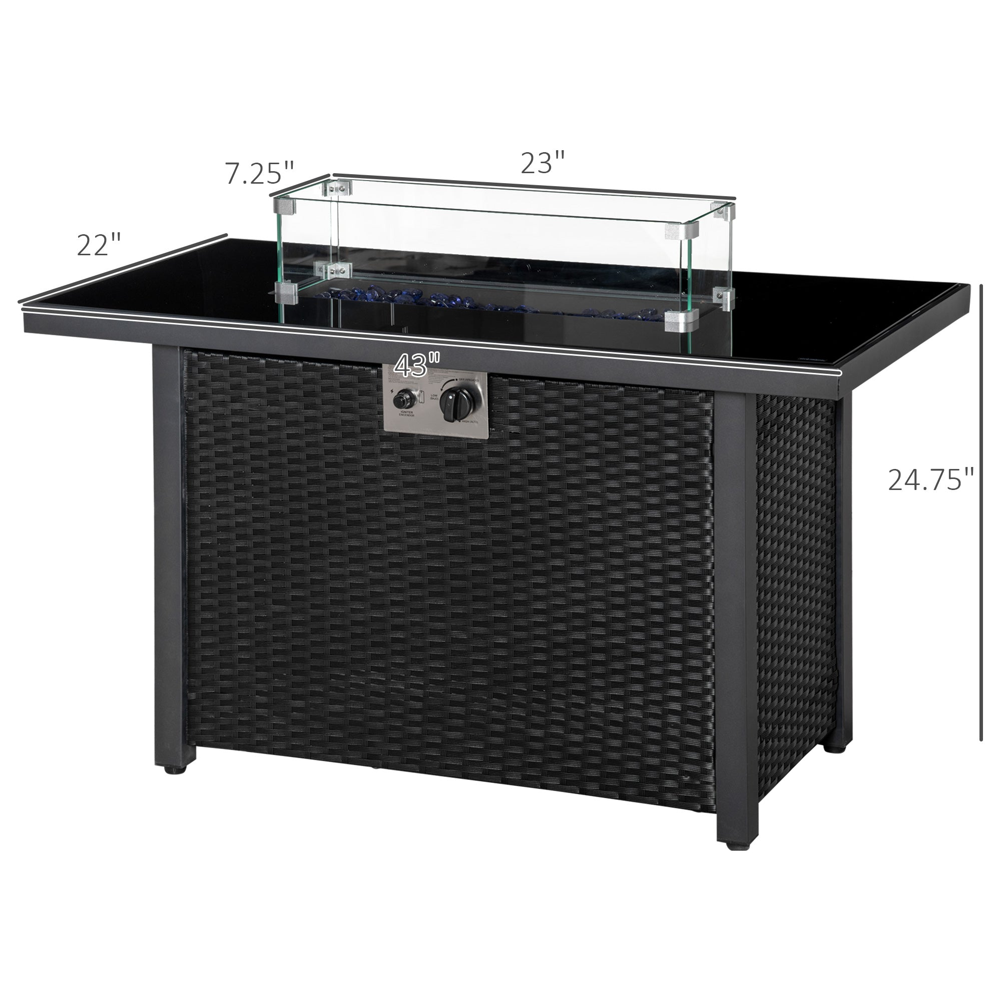Propane Fire Pit Table 43in Outdoor Square Fire Table, 50,000 BTU Pulse-Ignition Wicker Firepit Furniture with Glass Wind Guard, Blue Glass Rock, CSA Certification, Black Fire Pits at Gallery Canada