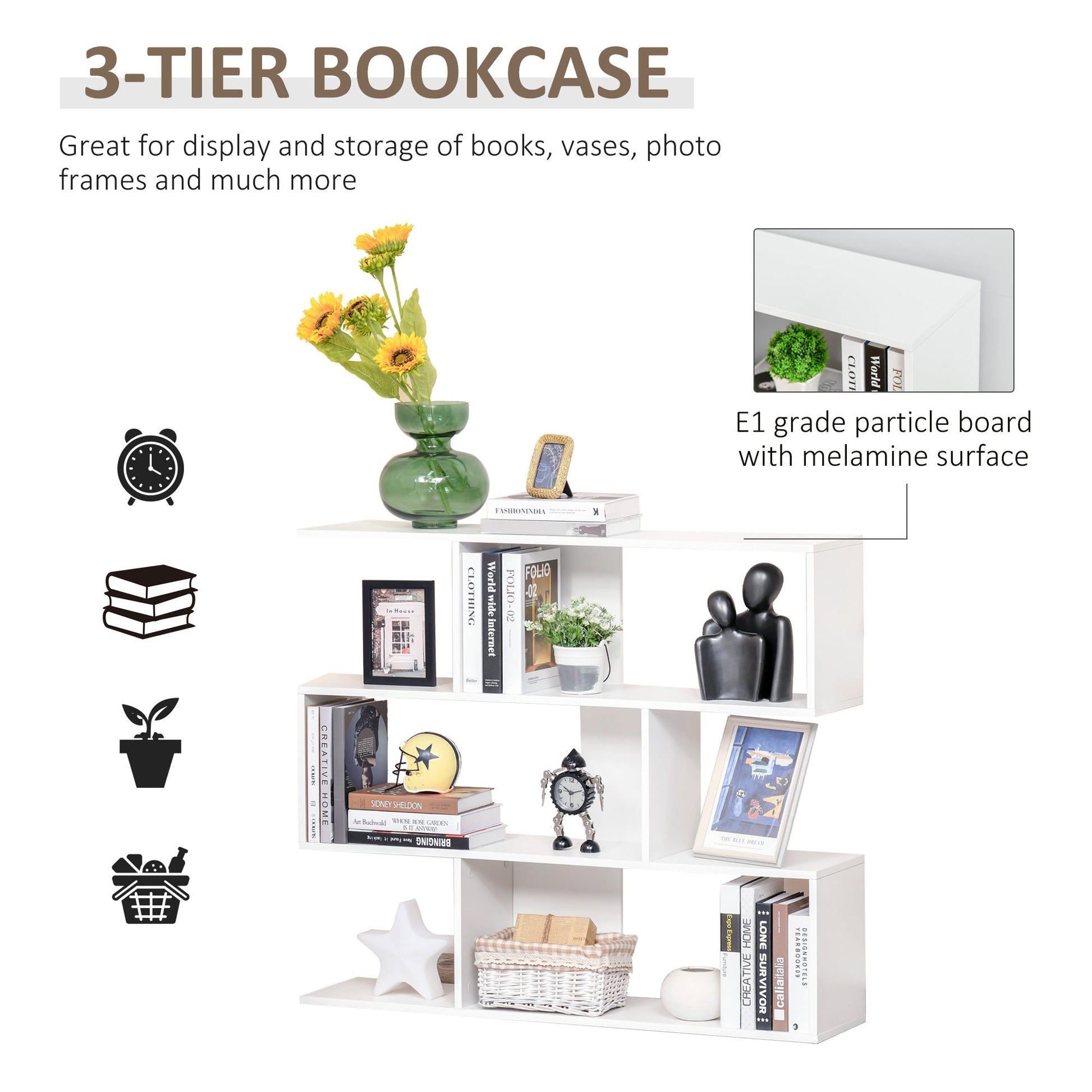 Versatile 3-tier Multi-Shelf Bookshelf Wood Stand Bookcase Storage Display Home Office Organizer, White Small Bookshelves   at Gallery Canada