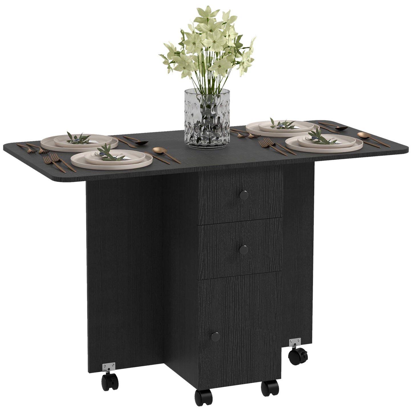 Drop Leaf Dining Table, Mobile Folding Table on Wheels with Drawers and Cabinet for Dining Room, Kitchen, Black Bar Tables & Dining Tables   at Gallery Canada