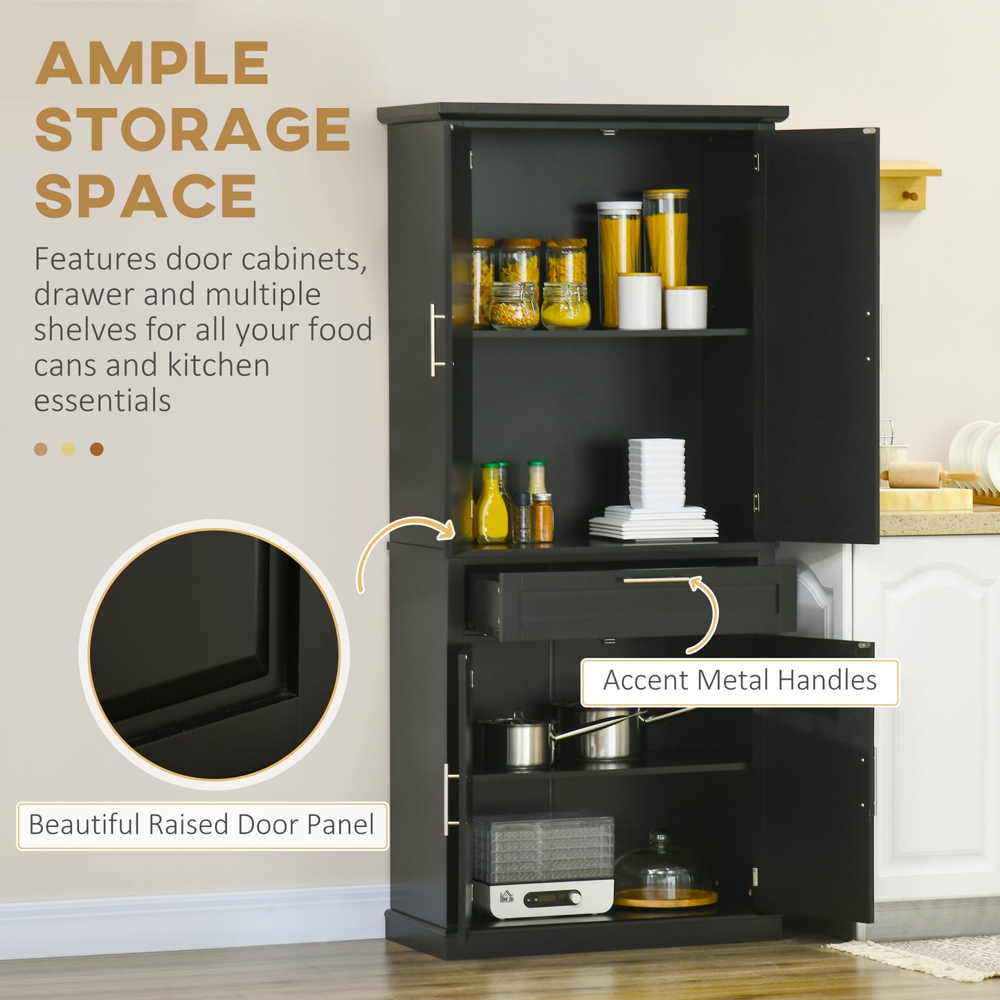 72" Kitchen Pantry Cabinet, Freestanding Storage Cabinet, 4-Door Cupboard with Drawer and Adjustable Shelves, Black Kitchen Pantry Cabinets   at Gallery Canada