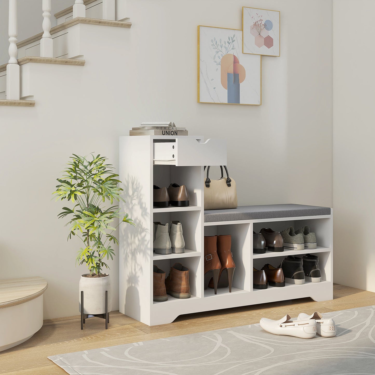 Upholstered Shoe Storage Bench, Shoe Storage with Seat, Entrance Bench with Drawer and 6 Open Shelves for Hallway Shoe Storage Cabinets & Racks   at Gallery Canada