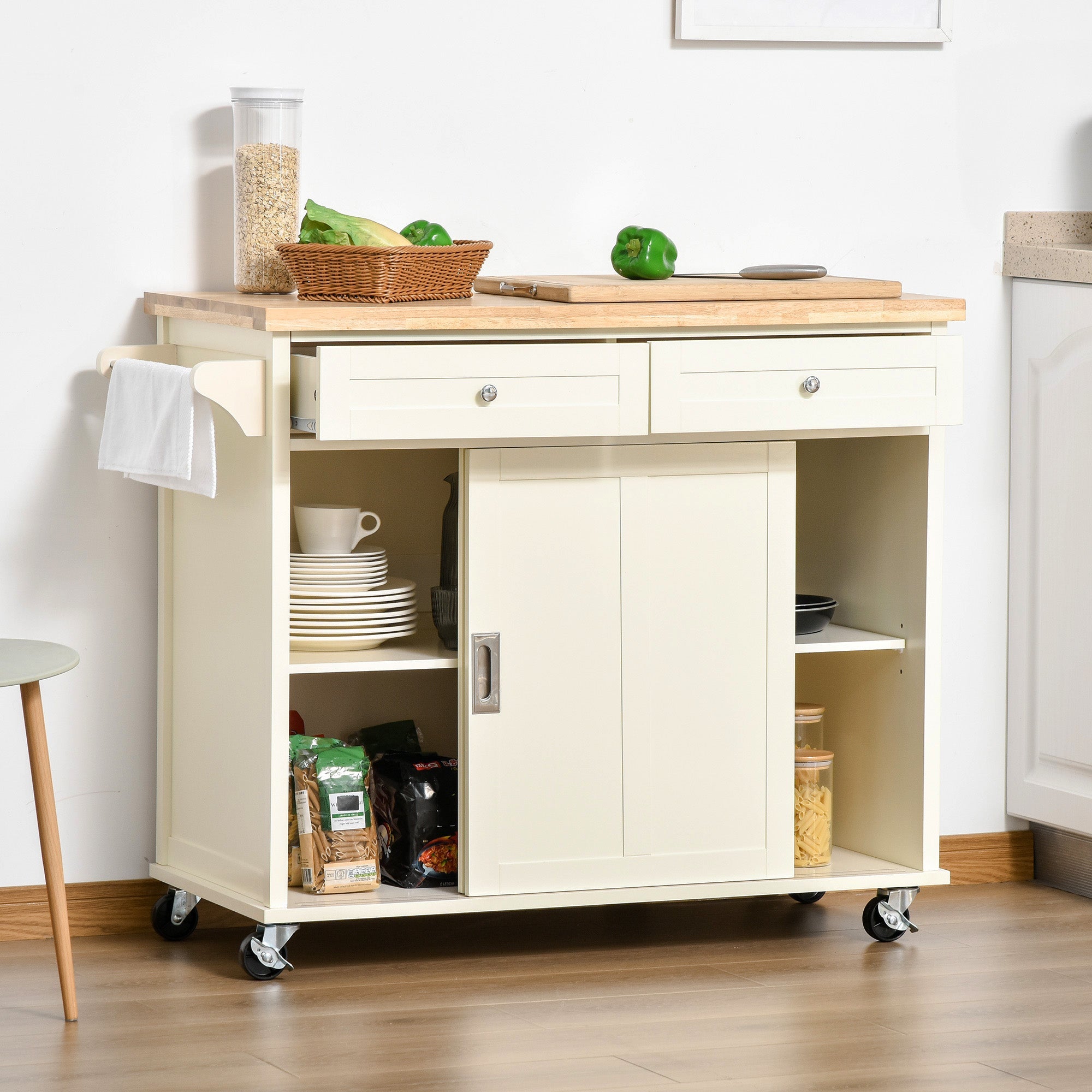 Rolling Kitchen Island, Kitchen Cart on Wheels with Rubberwood Top, 2 Drawers, Towel Rack, Cream White Kitchen Islands & Kitchen Carts   at Gallery Canada