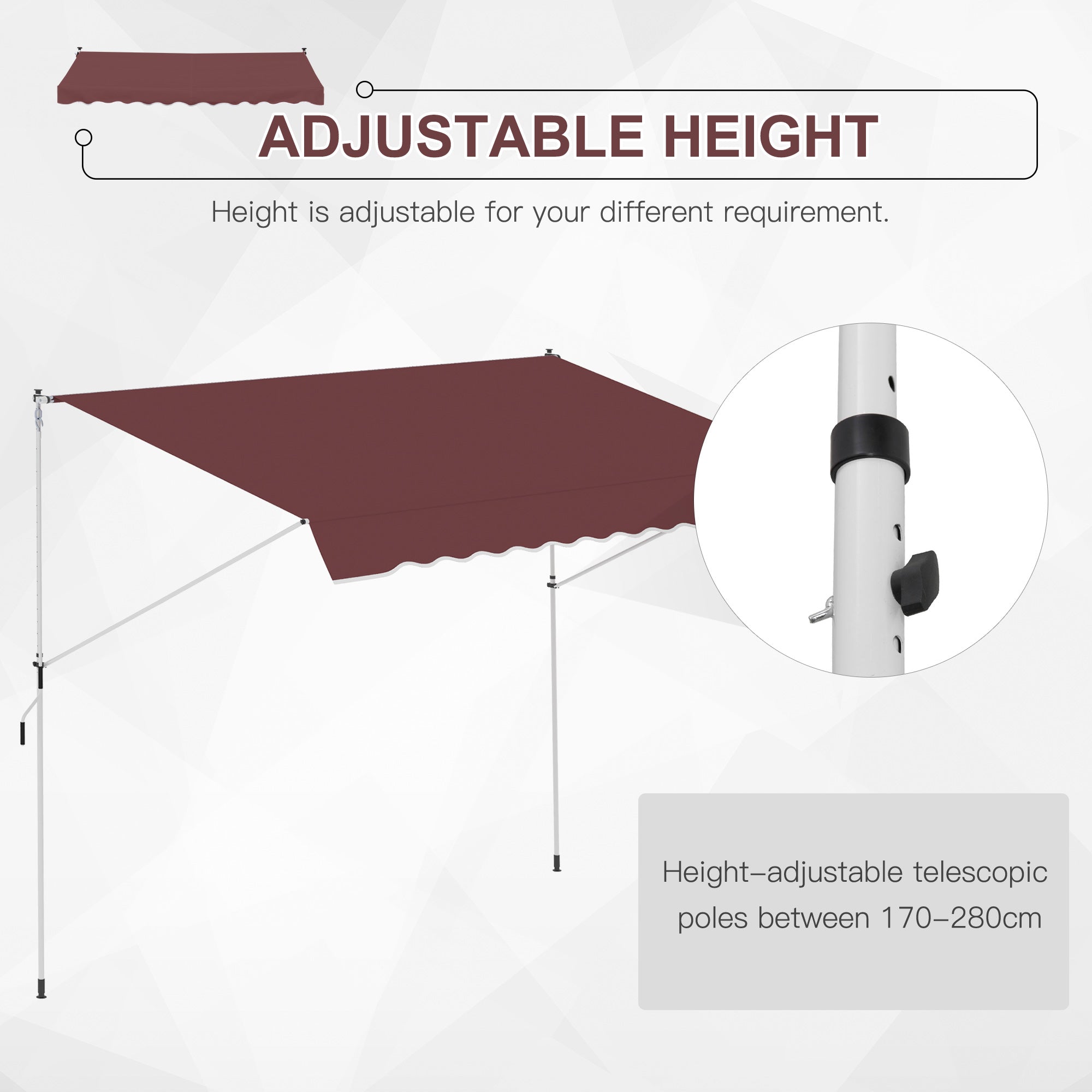 10x5ft Patio Sun Shade Canopy Manual Retractable Awning with 5.6-9.2ft Support Pole for Window, Door, Porch, Wine Red Patio Awnings at Gallery Canada